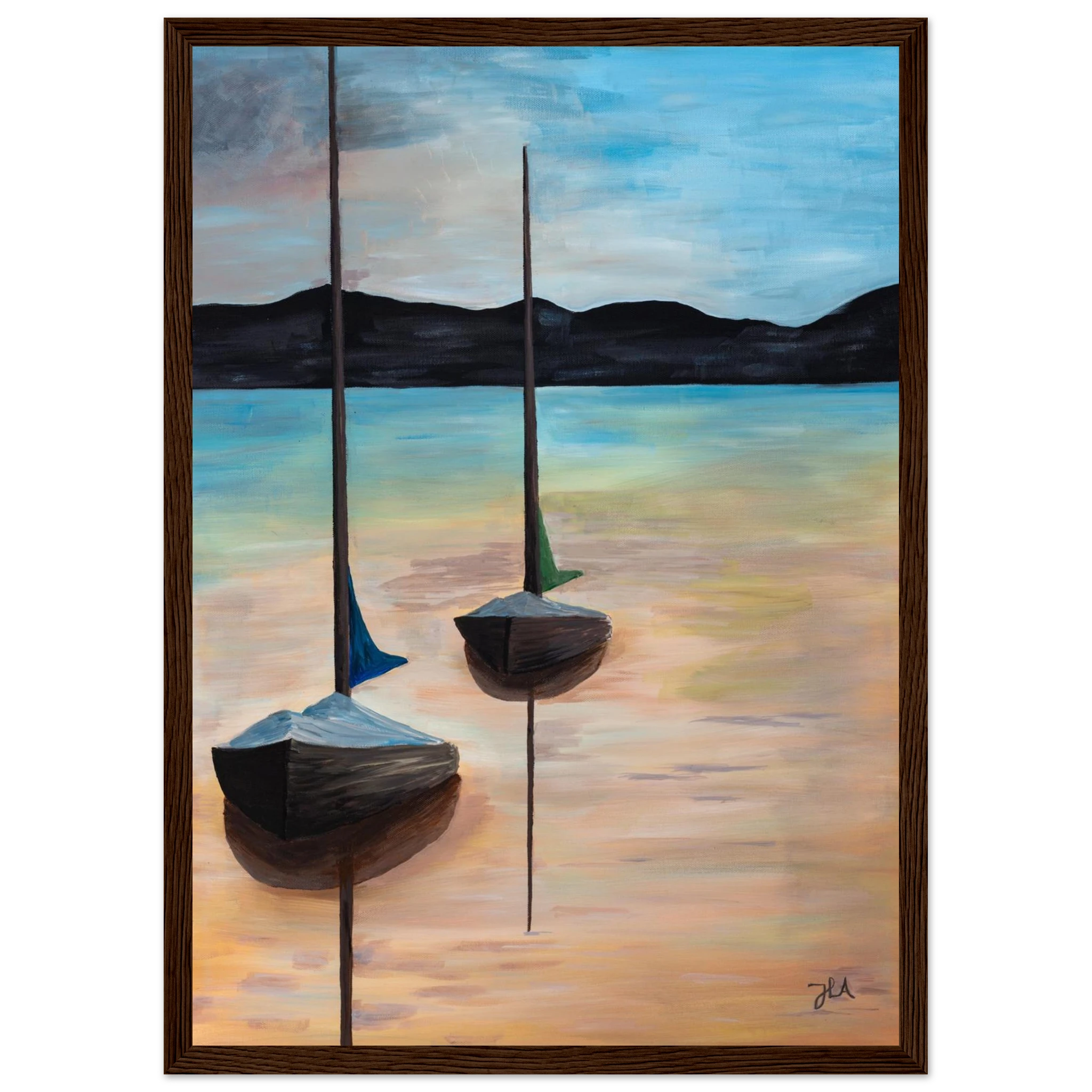 Innrammet kunst plakat 45 x 60 cm og A3 av norsk kunstner JL Abrahamsen, maritim kunst av seilbåter som gir ro og varme