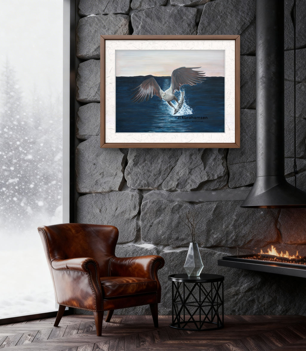 Signert kunstprint "Strength in Silence" av JL Abrahamsen – havørn på jakt, nydelig til hytten
