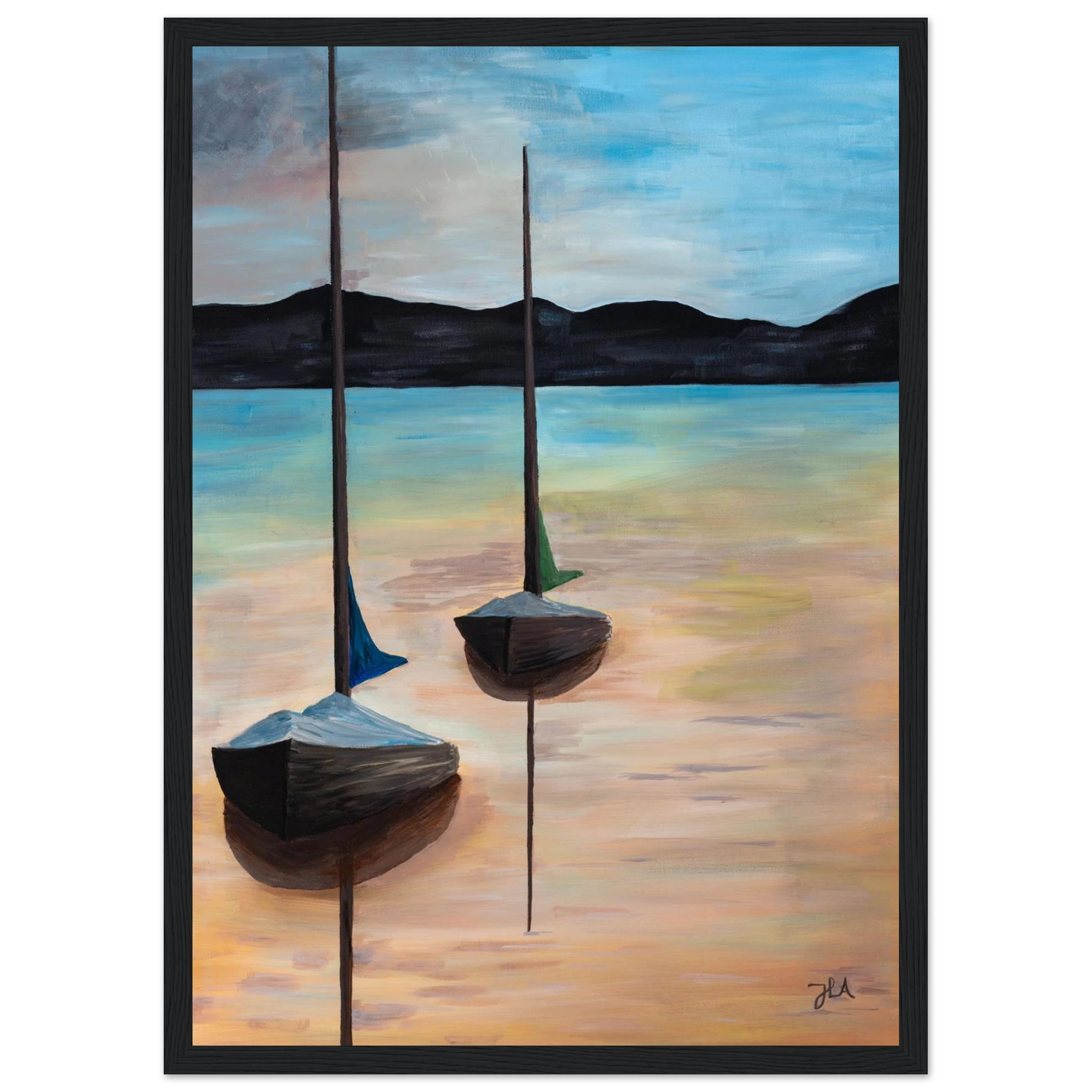 Innrammet kunst plakat 45 x 60 cm og A3 av norsk kunstner JL Abrahamsen, maritim kunst av seilbåter som gir ro og varme