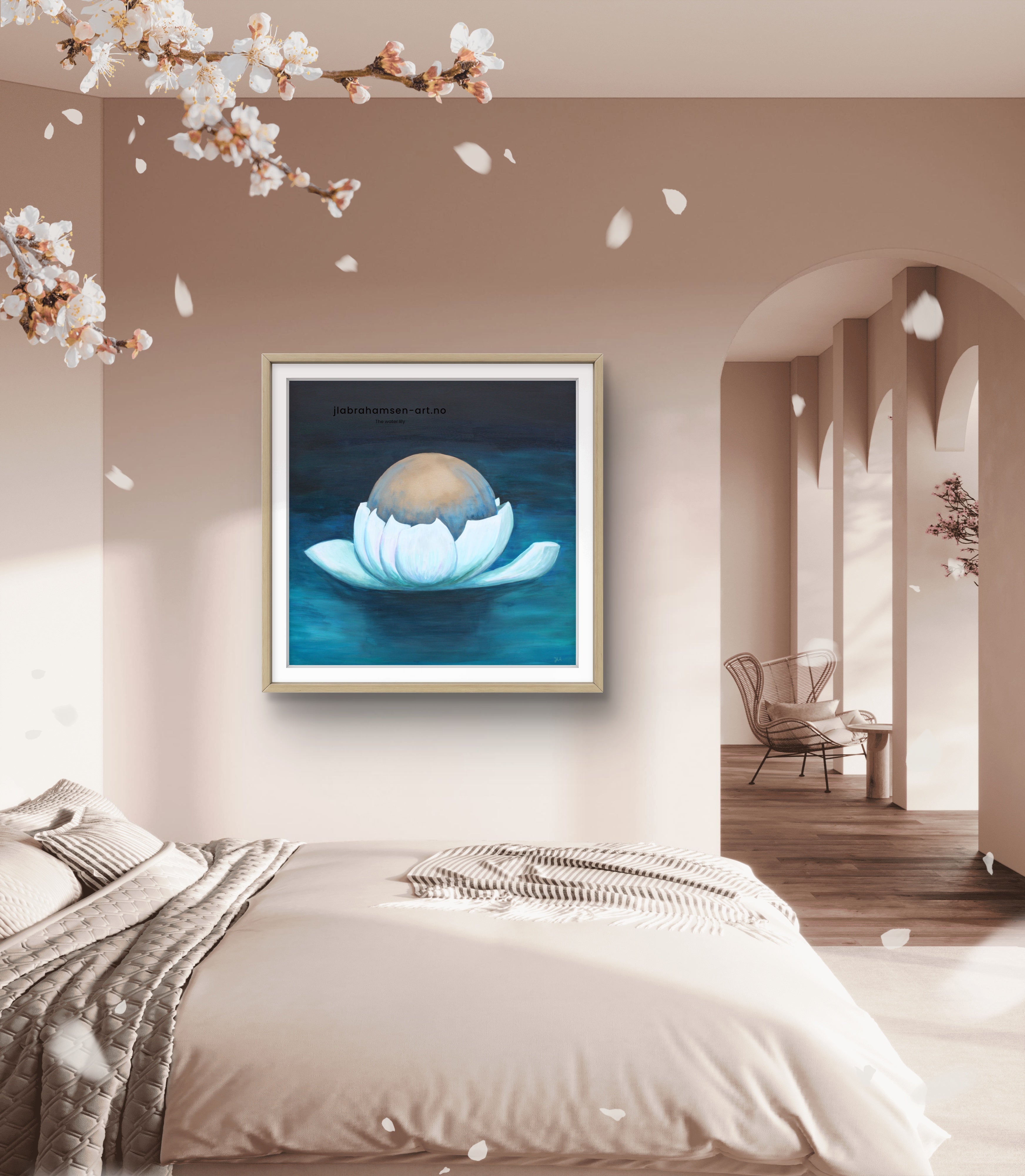 Signert kunstprint "The Water Lily" 90x90 cm av JL Abrahamsen – vannlilje flyter på blågrønt vann, calm art