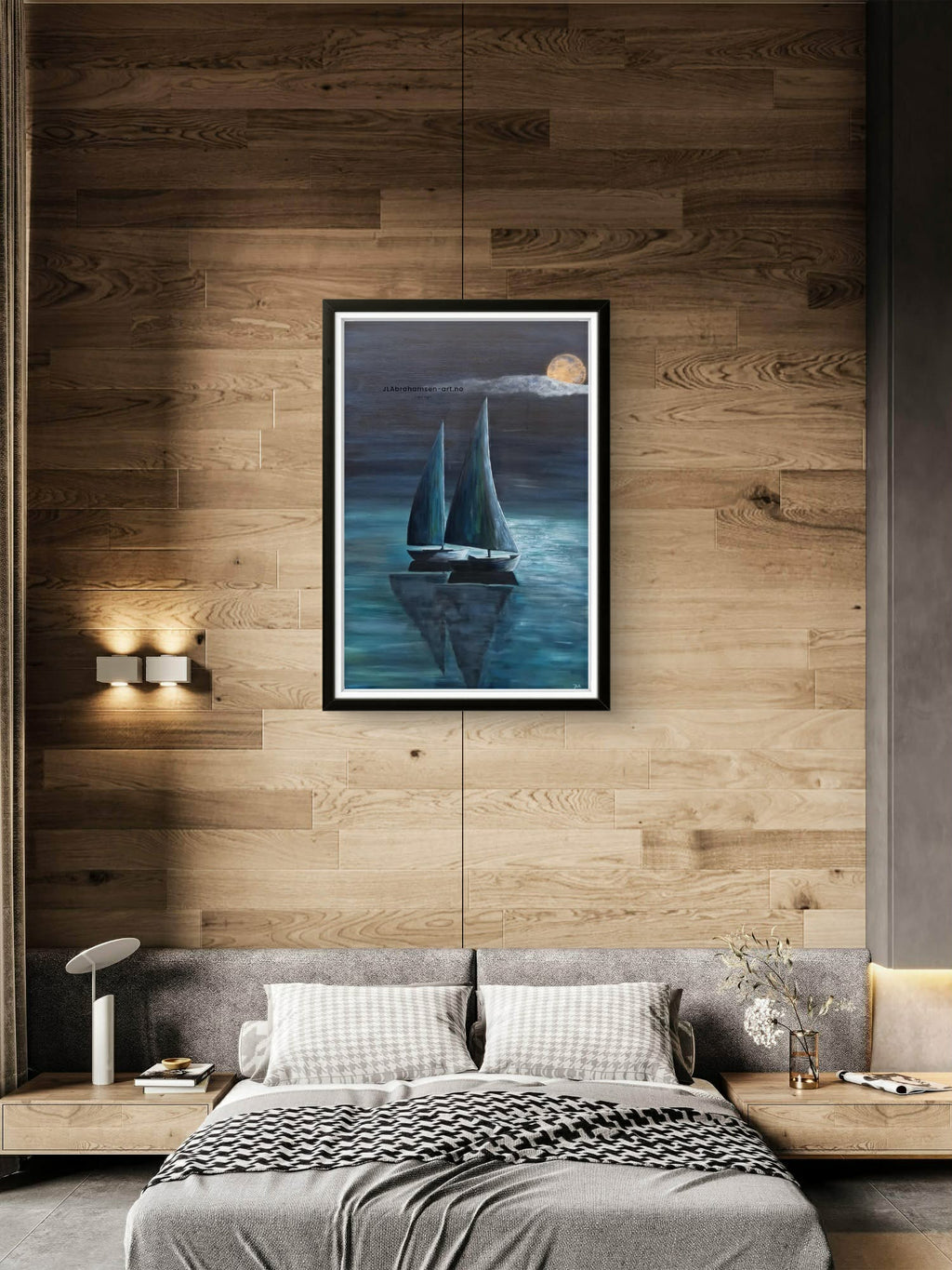 Calm Art print av Calm Night 70x100 cm – to seilbåter i måneskinn av bergensk  kunstner JL Abrahamsen. Fredelig, stemningsfullt og maritim kunst til soverm