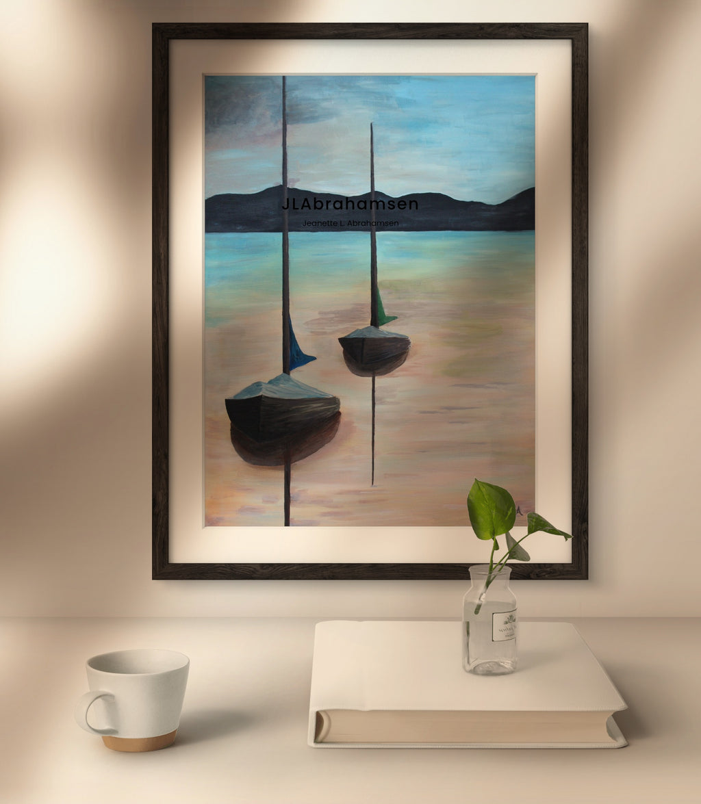 Signert kunstprint "Peaceful Days" 60x80 cm av JL Abrahamsen – to seilbåter en sommerdag, nordisk maritim kunst, calm art and domestic rituals