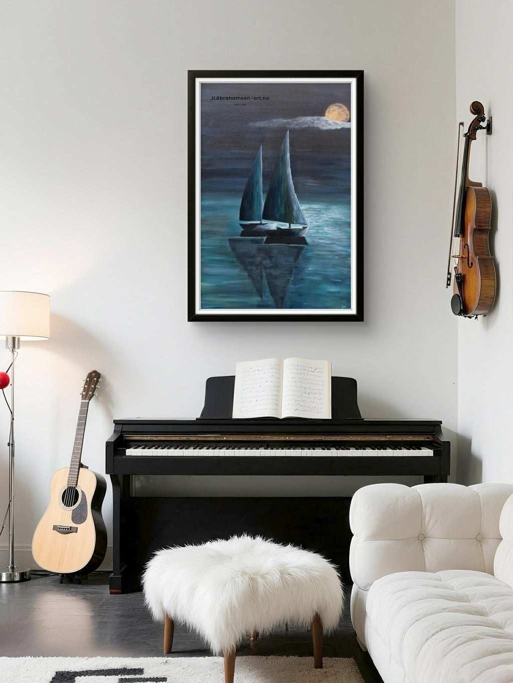 Kunst print av Calm Night 70x100 cm – to seilbåter i måneskinn av bergensk  kunstner JL Abrahamsen. Fredelig, stemningsfullt og maritim kunst til stuen
