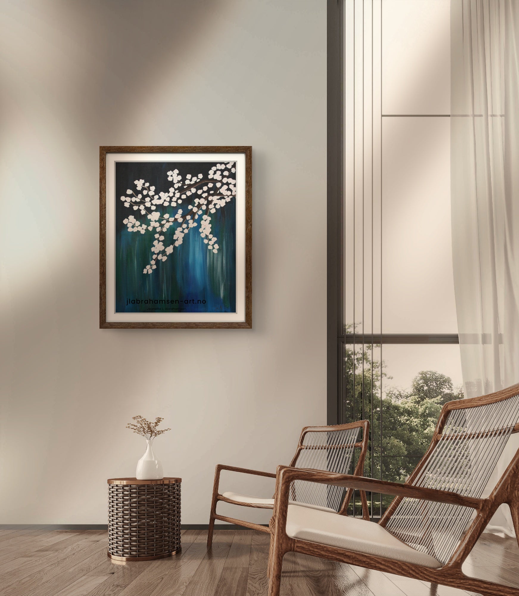 Signert kunstprint "Cherry Blossom" 50x70 cm av JL Abrahamsen – kirsebærblomster i blomstring, nordisk kunst. Calm art and domestic rituals