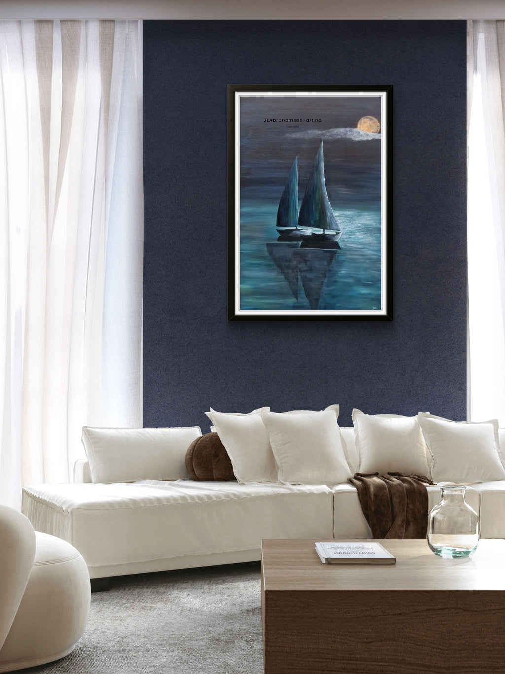 Fredelig kunst print av Calm Night 70x100 cm – to seilbåter i måneskinn av bergensk kunstner JL Abrahamsen. fredelig, stemningsfullt og maritim kunst til stuen