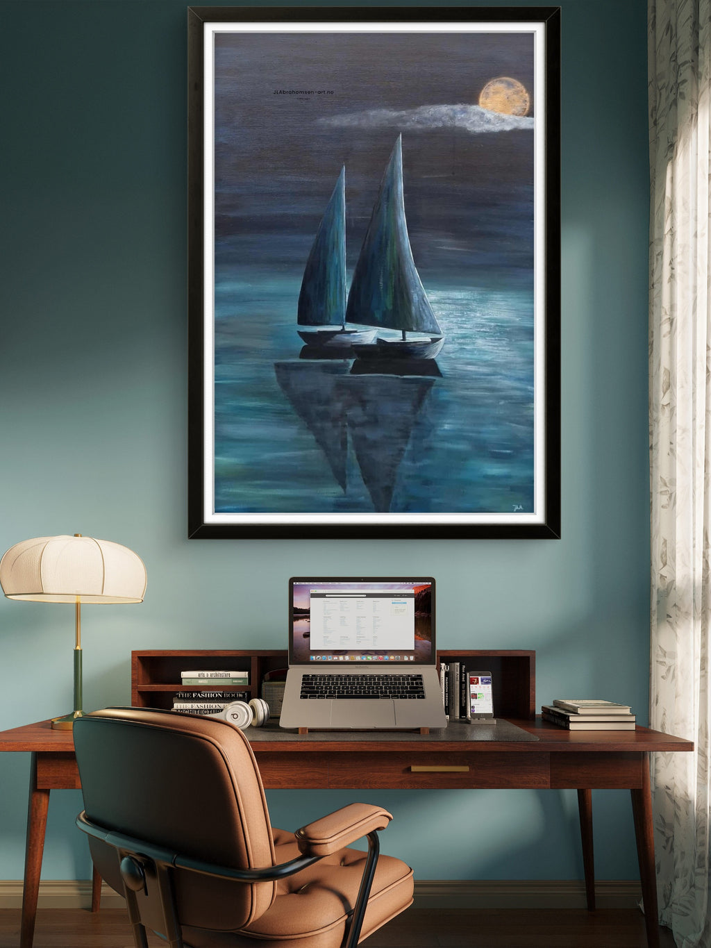 Calm art print av Calm Night 70x100 cm – to seilbåter i måneskinn av bergensk  kunstner JL Abrahamsen. fredelig, stemningsfullt og maritim kunst til hjemmet