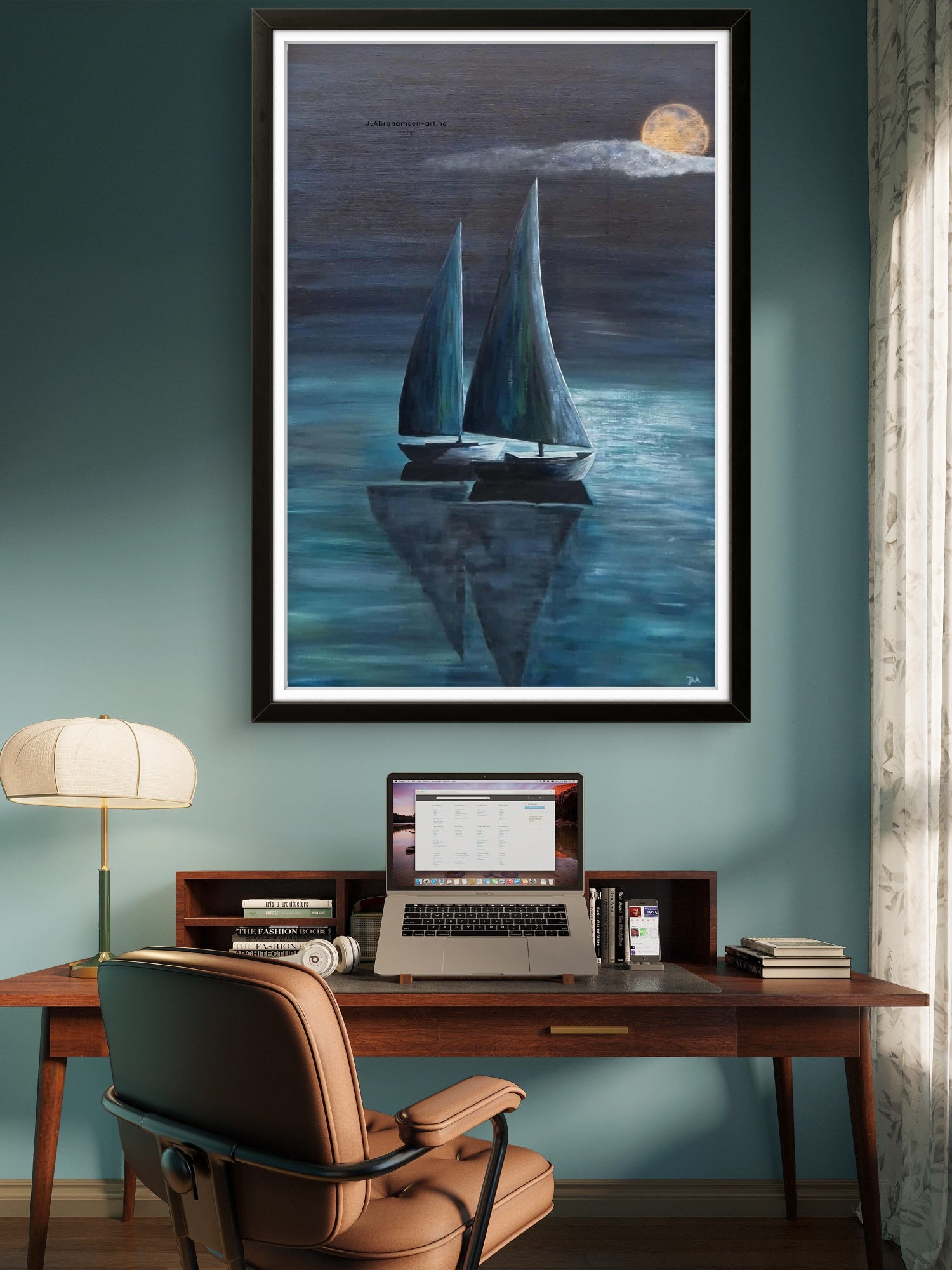 Calm art print av Calm Night 70x100 cm – to seilbåter i måneskinn av bergensk  kunstner JL Abrahamsen. fredelig, stemningsfullt og maritim kunst til hjemmet