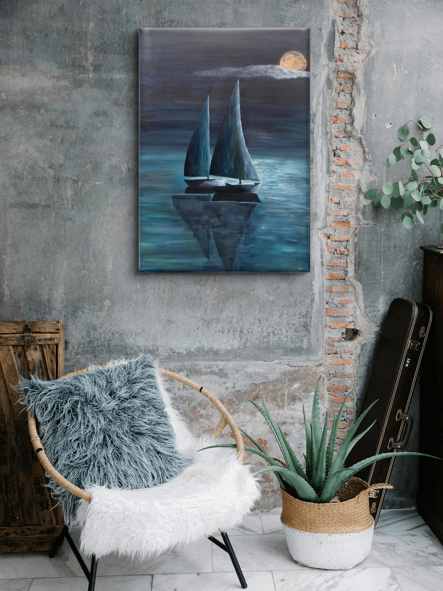 Calm Night akrylmaleri 70x100 cm – to seilbåter i måneskinn av JLAbrahamsen for en mystisk og maritim stil