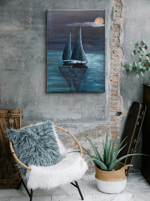 Calm Night akrylmaleri 70x100 cm – to seilbåter i måneskinn av JLAbrahamsen for en mystisk og maritim stil