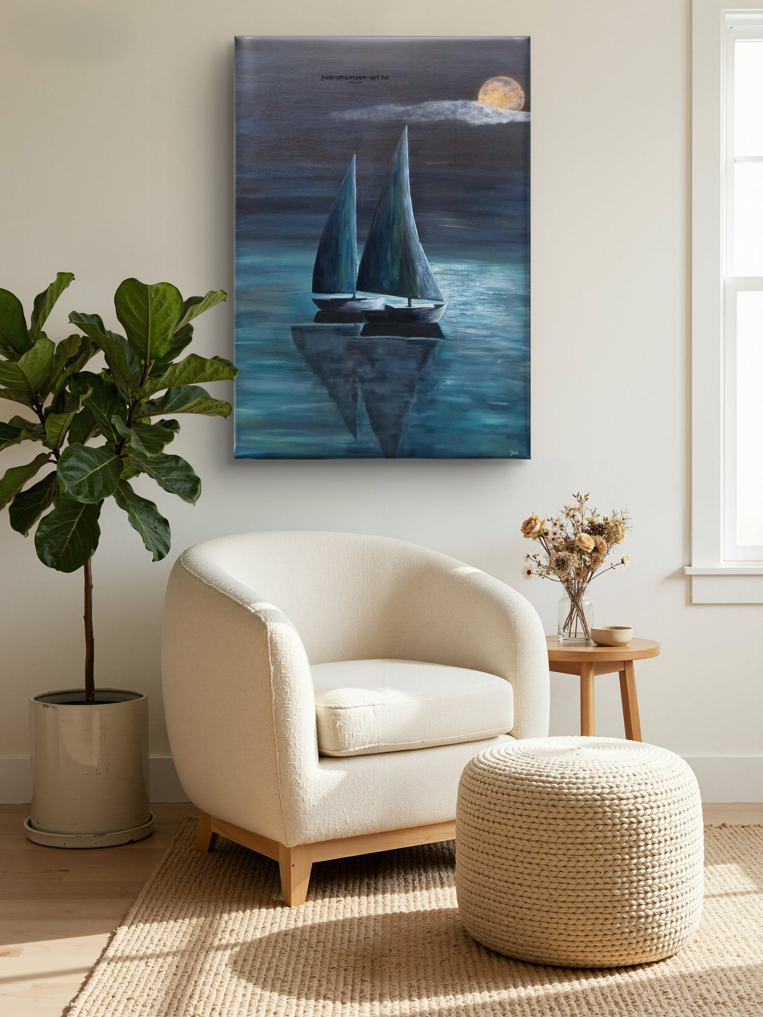 Calm Night akrylmaleri 70x100 cm – to seilbåter i måneskinn av JL Abrahamsen til stuen