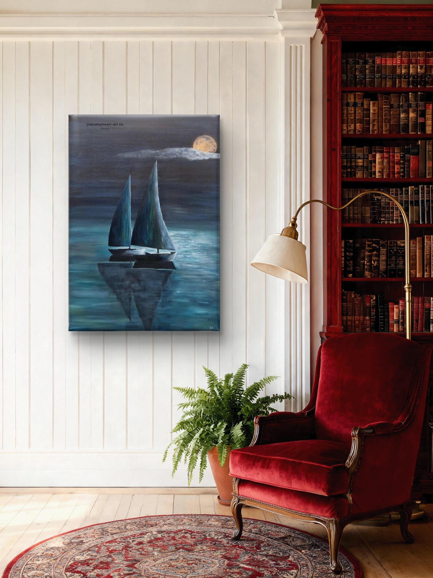 Calm Night akrylmaleri 70x100 cm – to seilbåter i måneskinn av JL Abrahamsen til biblioteket, stuen eller kontret