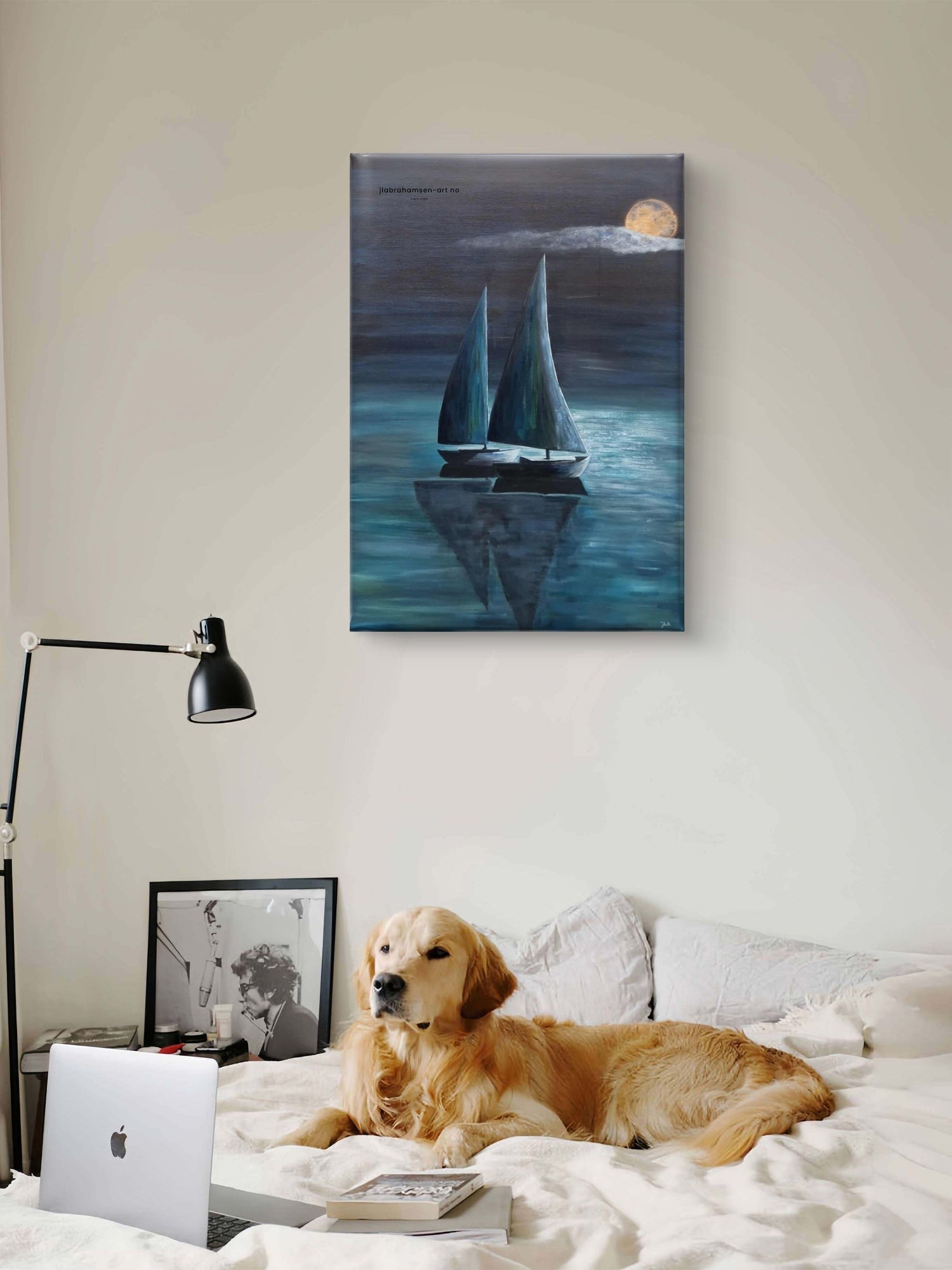 Calm Night original maleri 70x100 cm – to seilbåter i måneskinn av JL Abrahamsen til soverommet