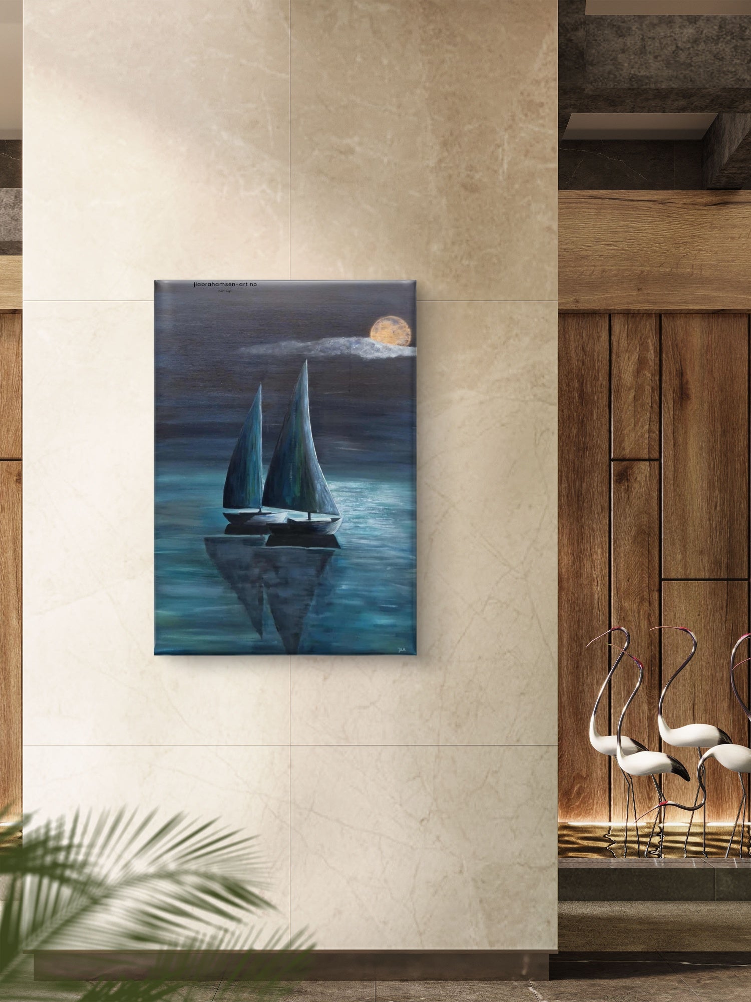Calm Night akrylmaleri 70x100 cm – to seilbåter i måneskinn av JL Abrahamsen til restaurant, hotell og offentlige rom