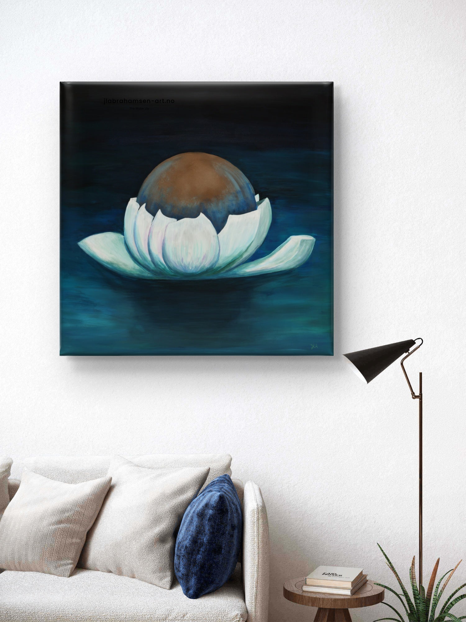 The Water Lily akrylmaleri 90x90 cm – blågrønn vannlilje av JL Abrahamsen