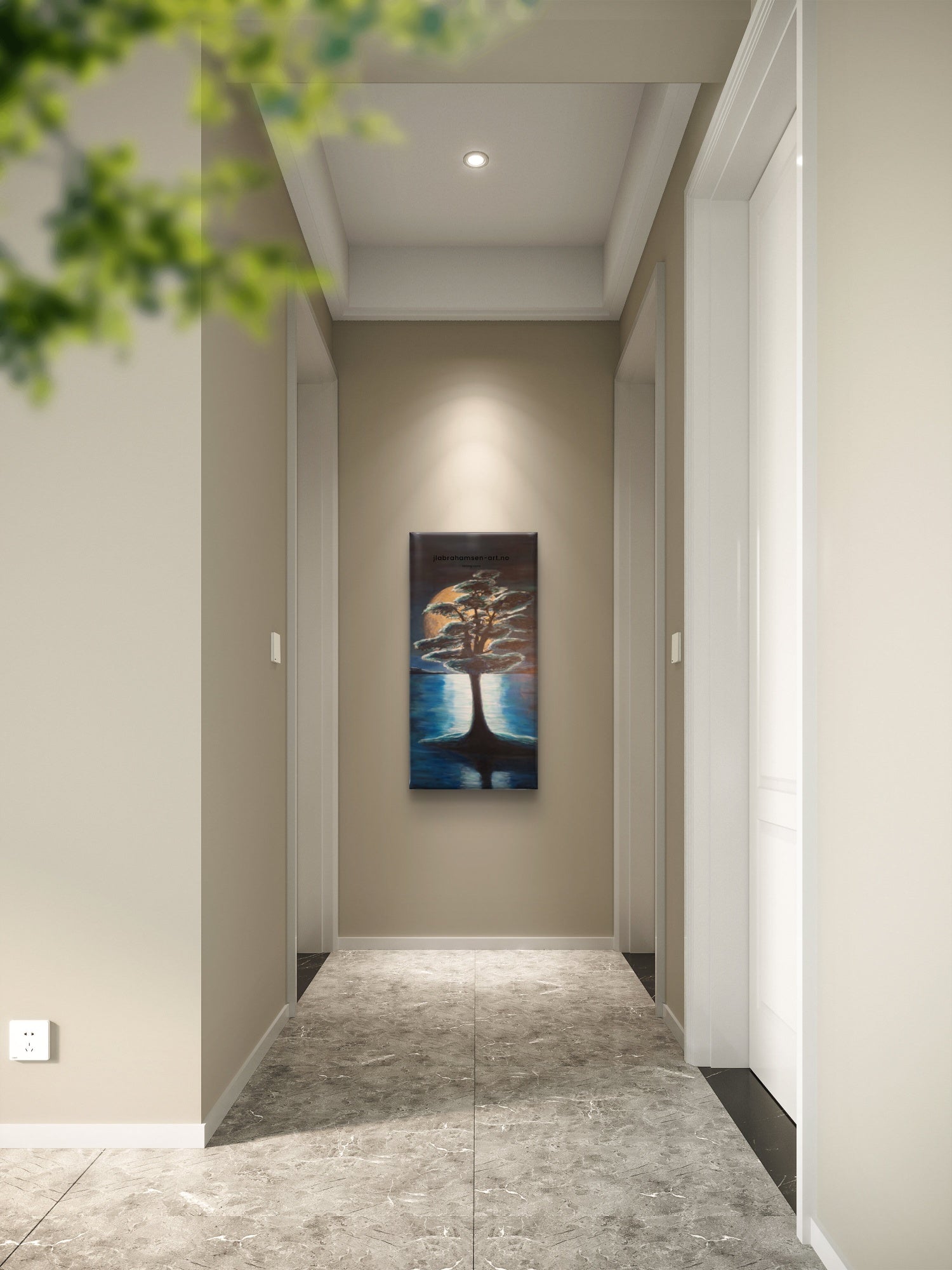 "Strong Roots" 50x100 cm – original akrylmaleri av norsk kunstner JL Abrahamsen, tre ved vann i fullmånelys. Mystisk og flott til entreen.