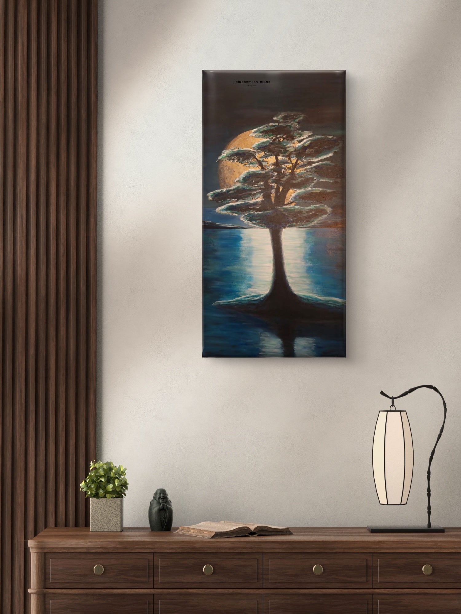 "Strong Roots" 50x100 cm – original akrylmaleri til stuen, av norsk kunstner JL Abrahamsen, tre ved vann i fullmånelys. 