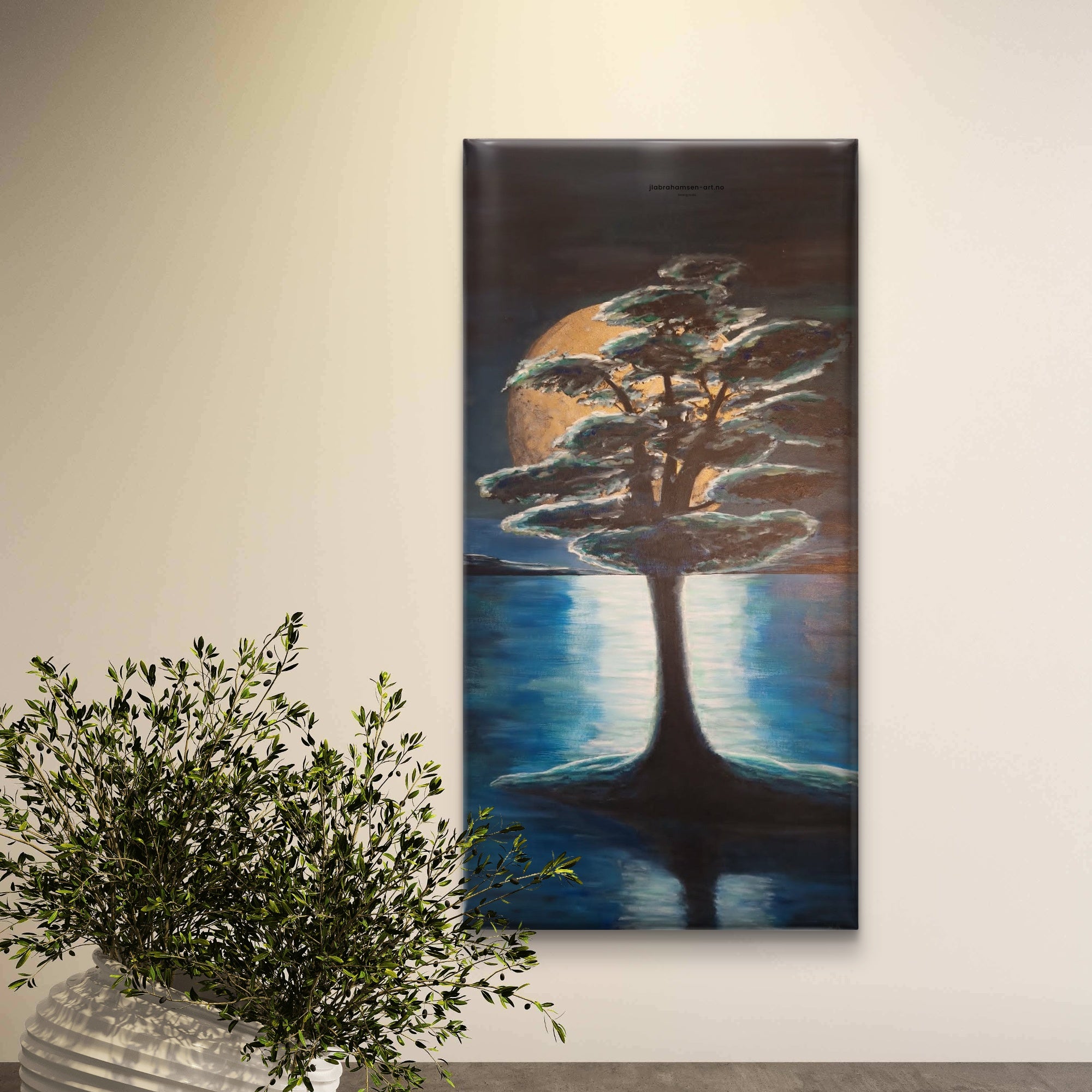 "Strong Roots" 50x100 cm – vakkert,  original akrylmaleri av bergensk kunstner JL Abrahamsen, tre ved vann i fullmånelys