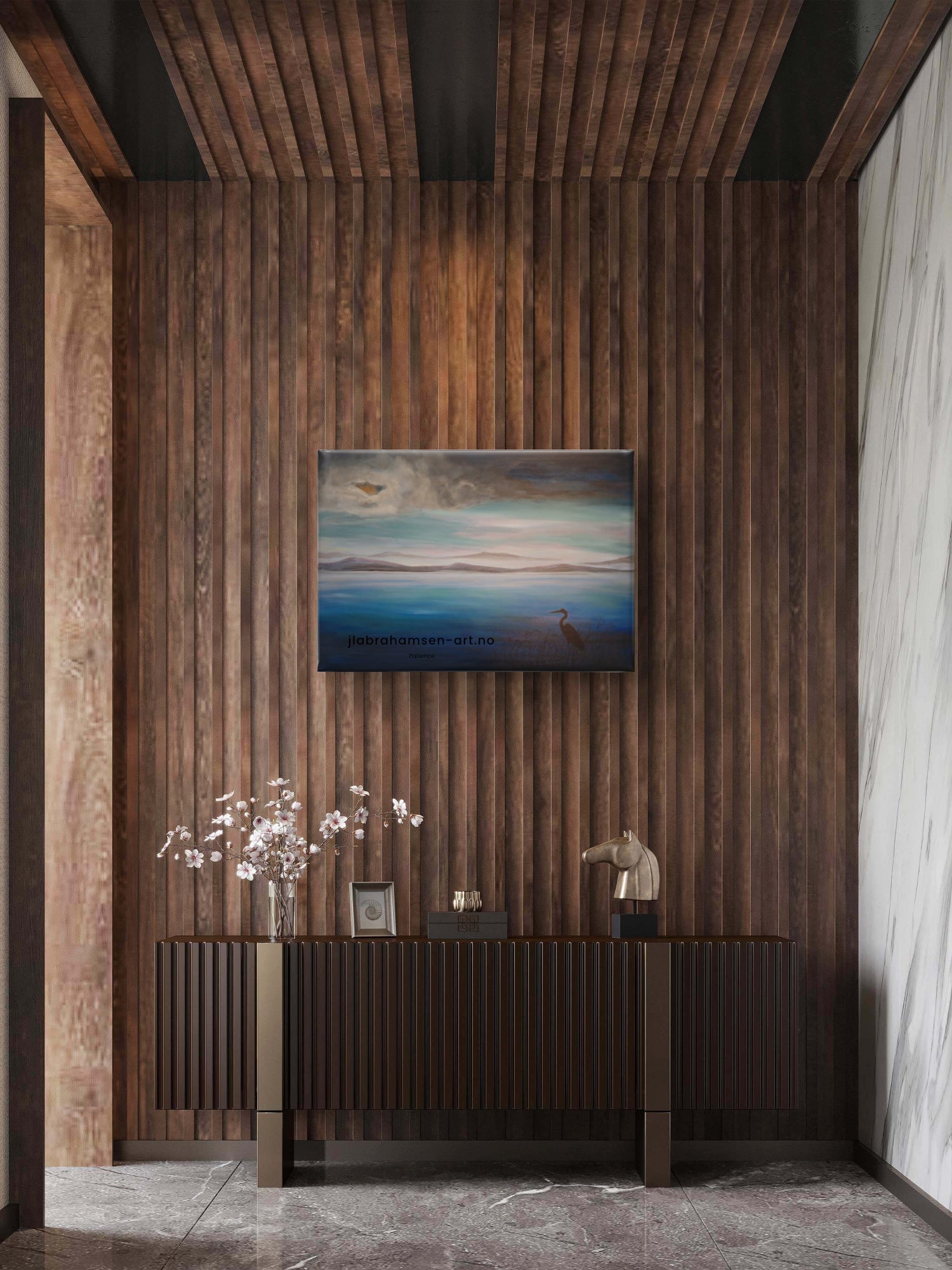 "Patience" av JL Abrahamsen – original maleri 70x100 cm, tålmodig hegre ved sjøen med skodde.