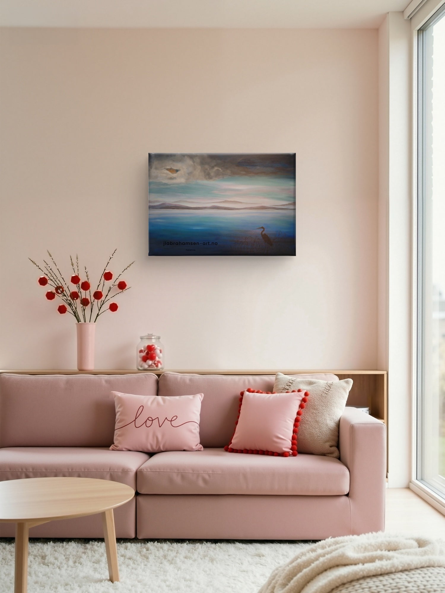 "Patience" av JL Abrahamsen – original  og romantisk maleri i blått på 70x100 cm, hegre ved vann i nordisk tåkestemning