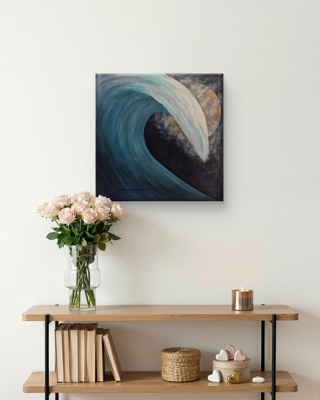 The Wave of Life akrylmaleri av JL Abrahamsen – bølge i måneskinn til entreen  