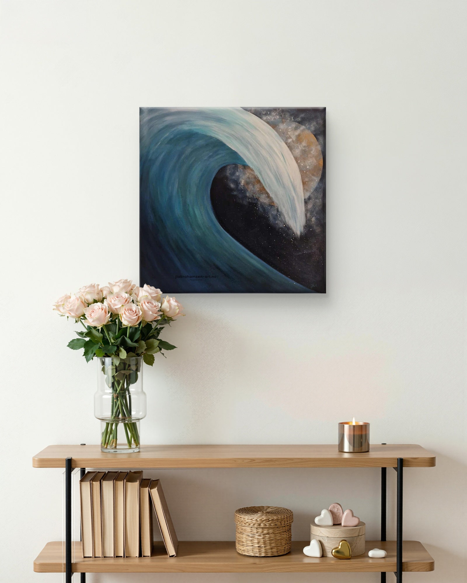 The Wave of Life akrylmaleri av JL Abrahamsen – bølge i måneskinn til entreen  