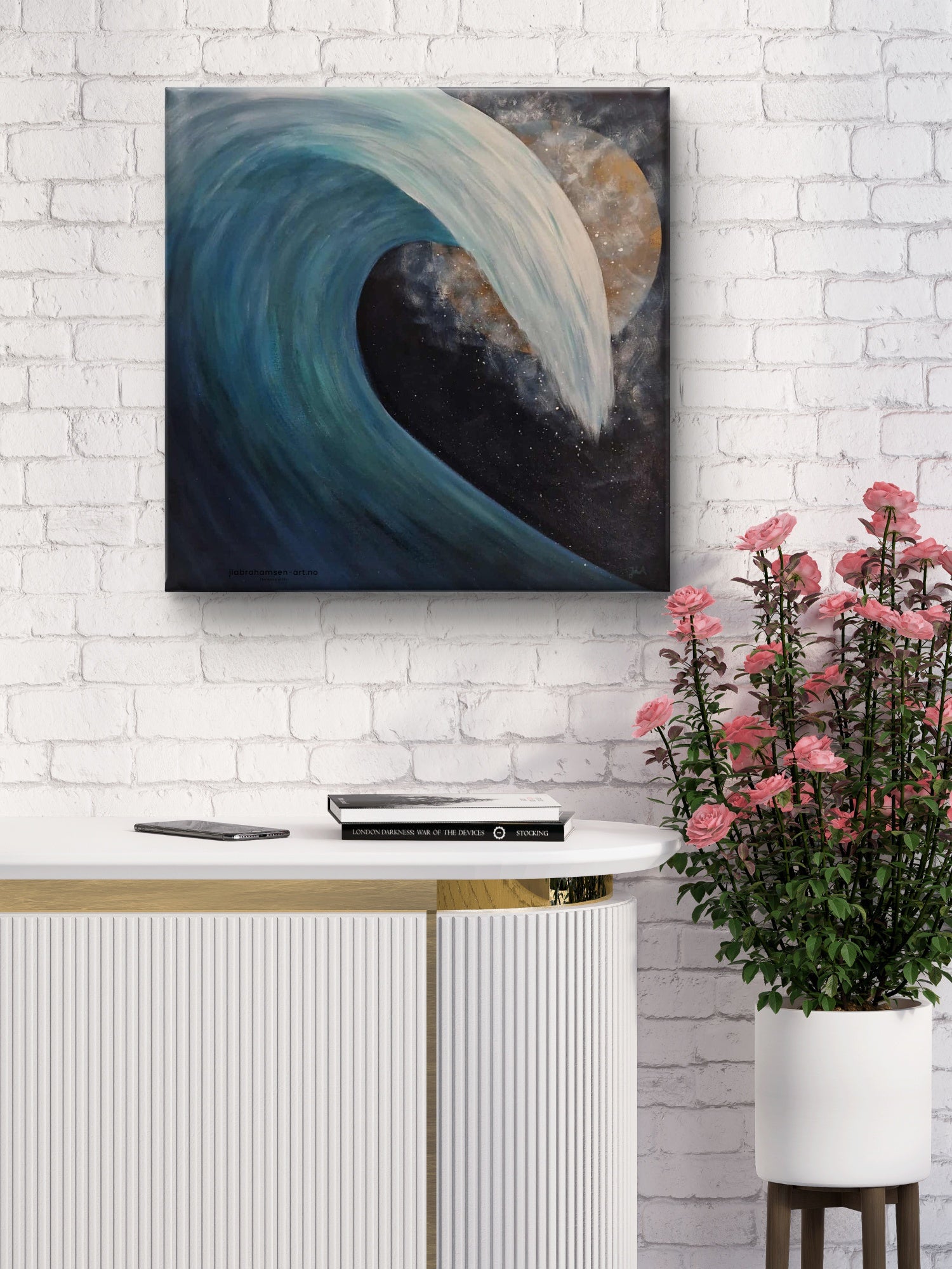 The Wave of Life akrylmaleri av JL Abrahamsen – bølge i måneskinn. Maritim kunst