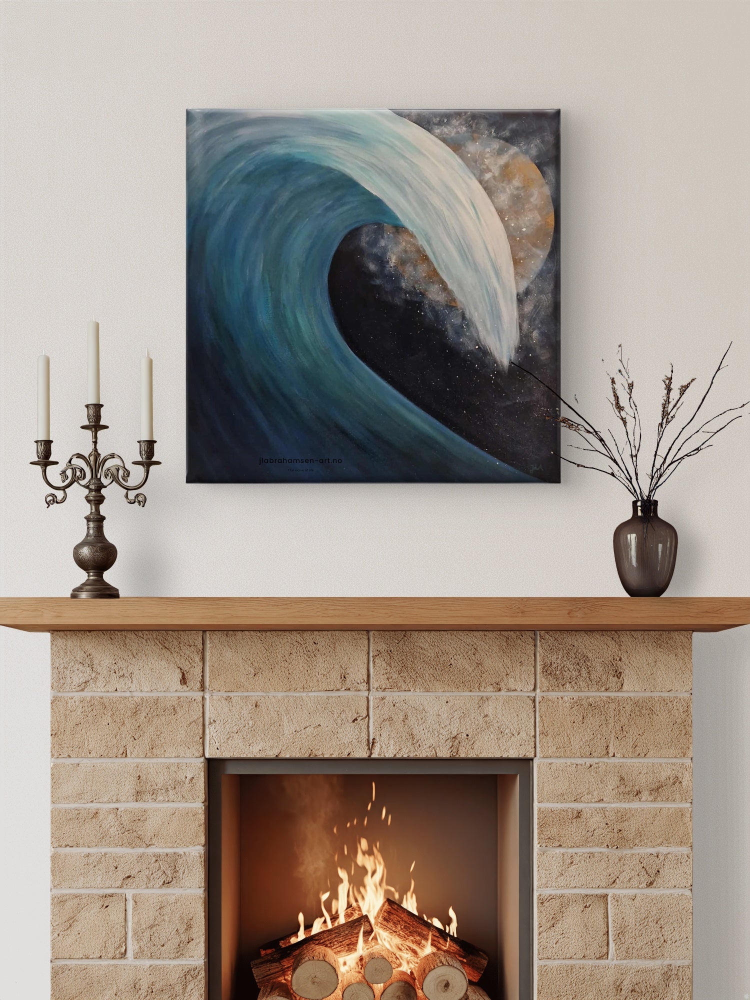 The Wave of Life akrylmaleri av JL Abrahamsen – bølge i måneskinn til din stue. Maritim kunst