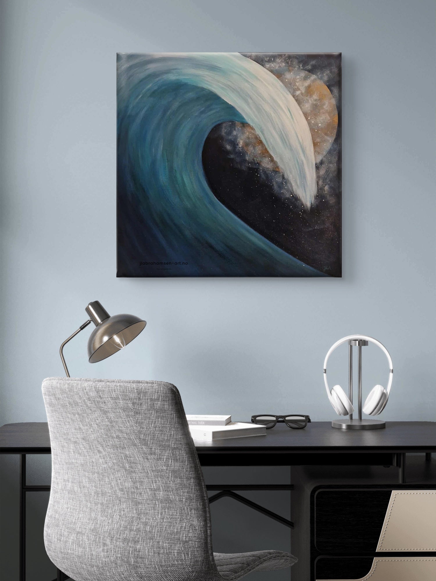 The Wave of Life akrylmaleri av JL Abrahamsen – bølge i måneskinn til kontoret for en minimalistisk og maritim look