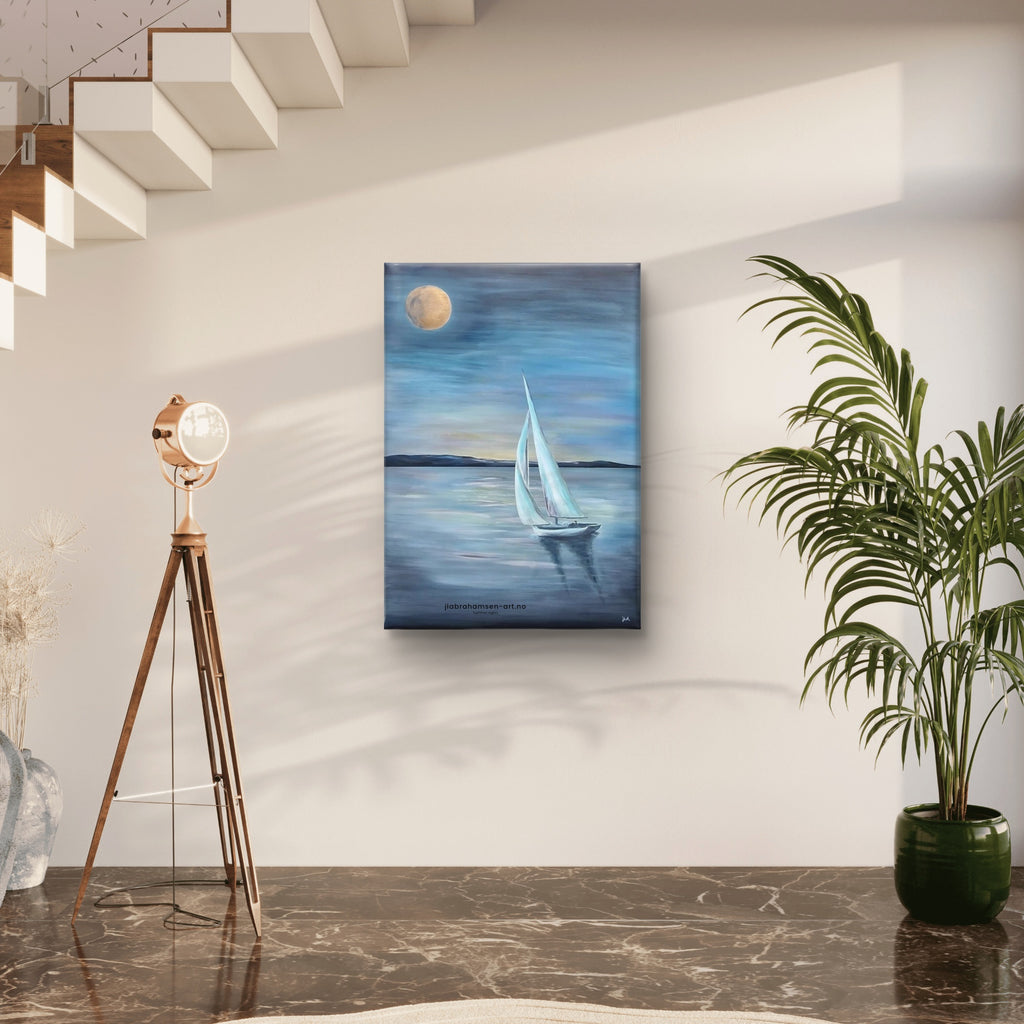 Summer Nights akrylmaleri av JL Abrahamsen – maritim kunst av seilbåt. Perfekt for alle rom