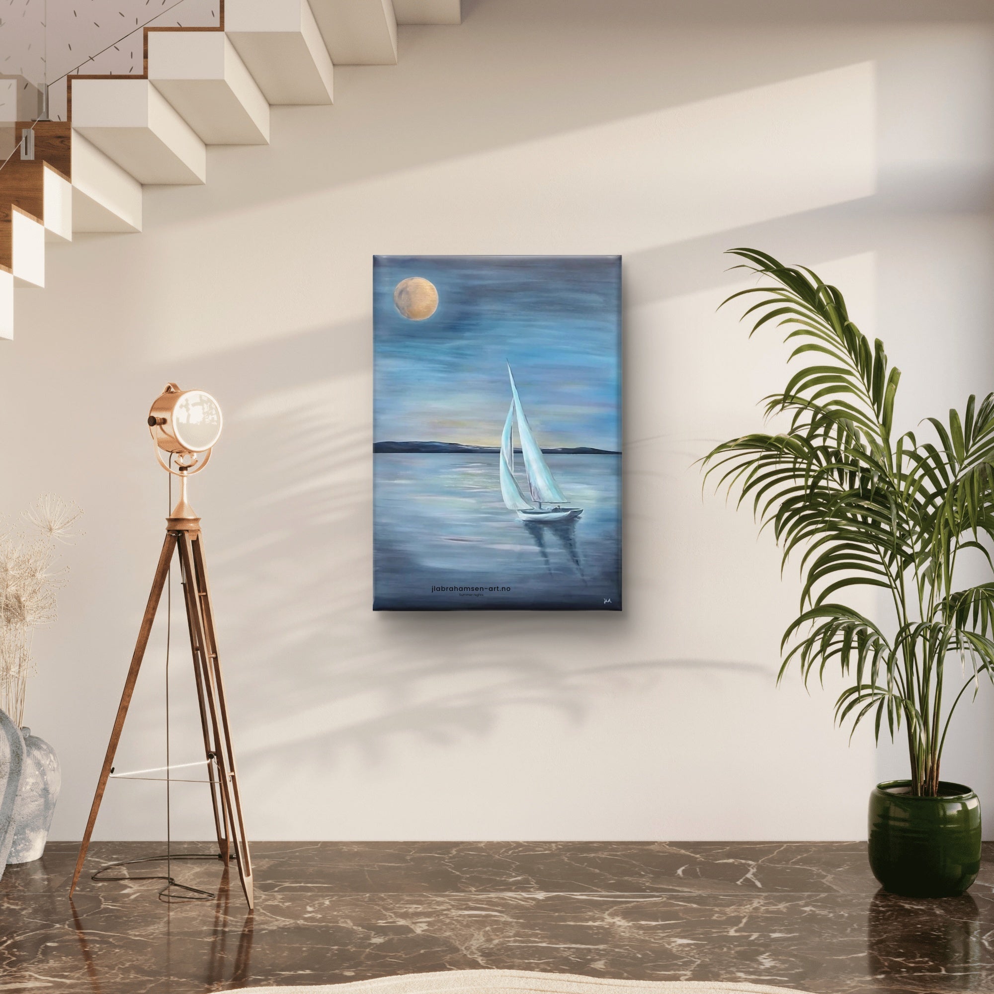 Summer Nights akrylmaleri av JL Abrahamsen – maritim kunst av seilbåt. Perfekt for alle rom