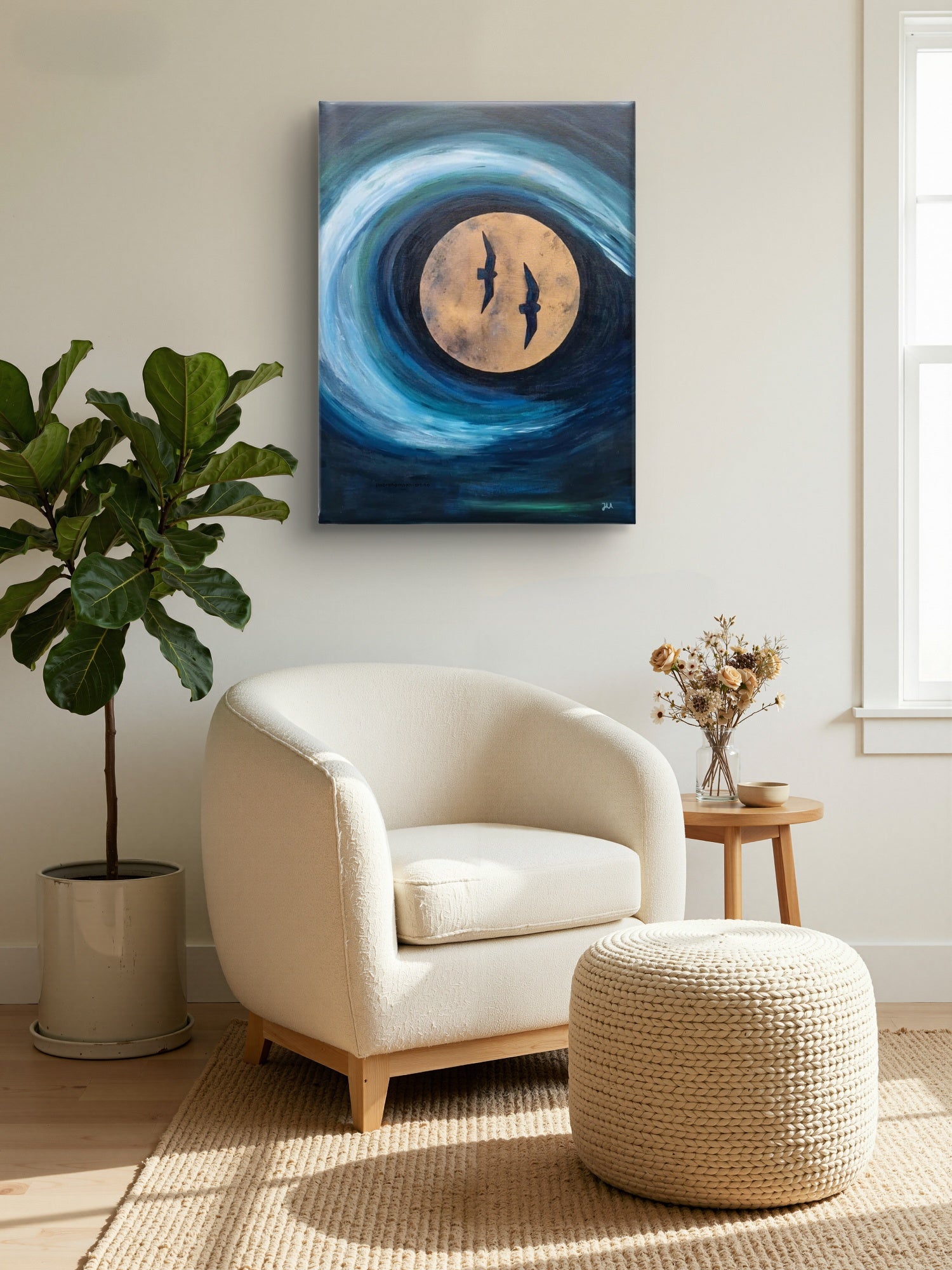 Original maleri "Luna" 60x80 cm av JL Abrahamsen –  bølge rundt månen med to fugler, nordisk abstrakt kunst til din stue