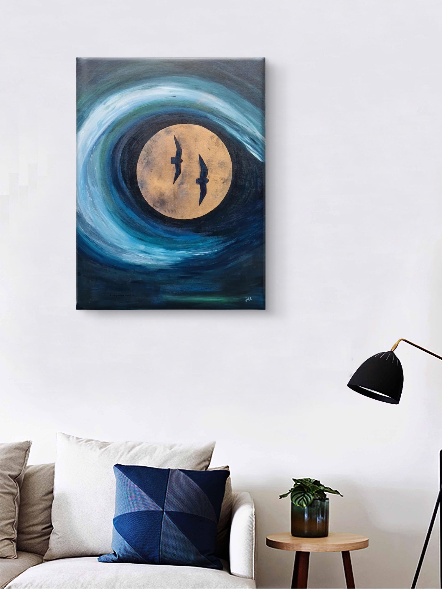 Original maleri "Luna" 60x80 cm av JL Abrahamsen – bølge rundt månen med to fugler, nordisk abstrakt kunst til stuen
