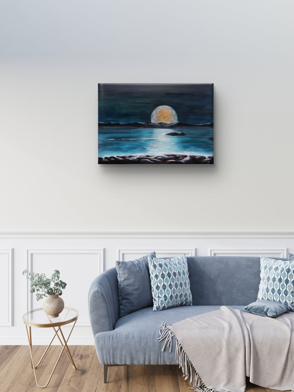 Original maleri "Moonlight" 70x100 cm – månen står opp i horisonten over havet, nordisk maritim kunst til stuen av JL Abrahamsen. Abstrakt realime