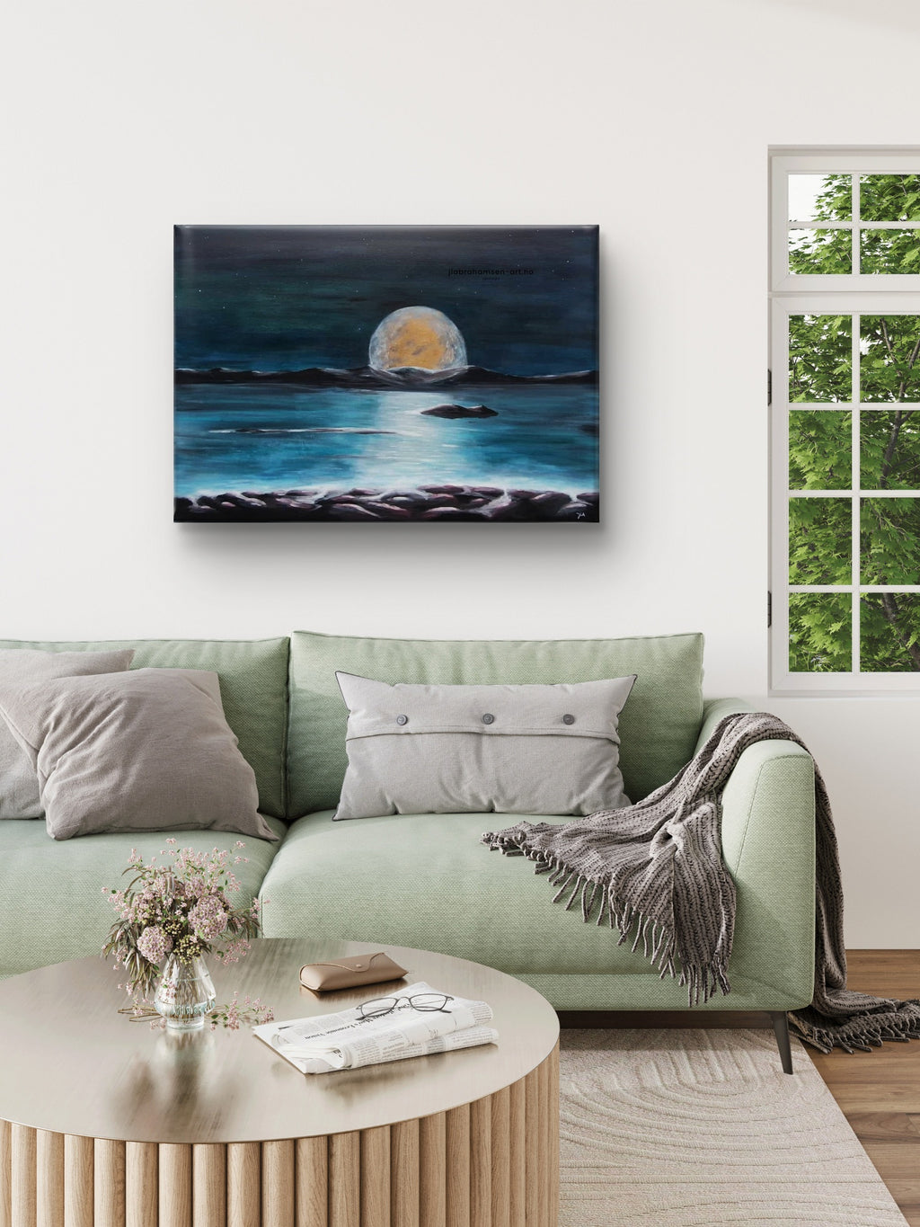 Original maleri "Moonlight" 70x100 cm  Abstrakt realistisk – månen står opp i horisonten over havet, nordisk maritim kunst av JL Abrahamsen til stuen.