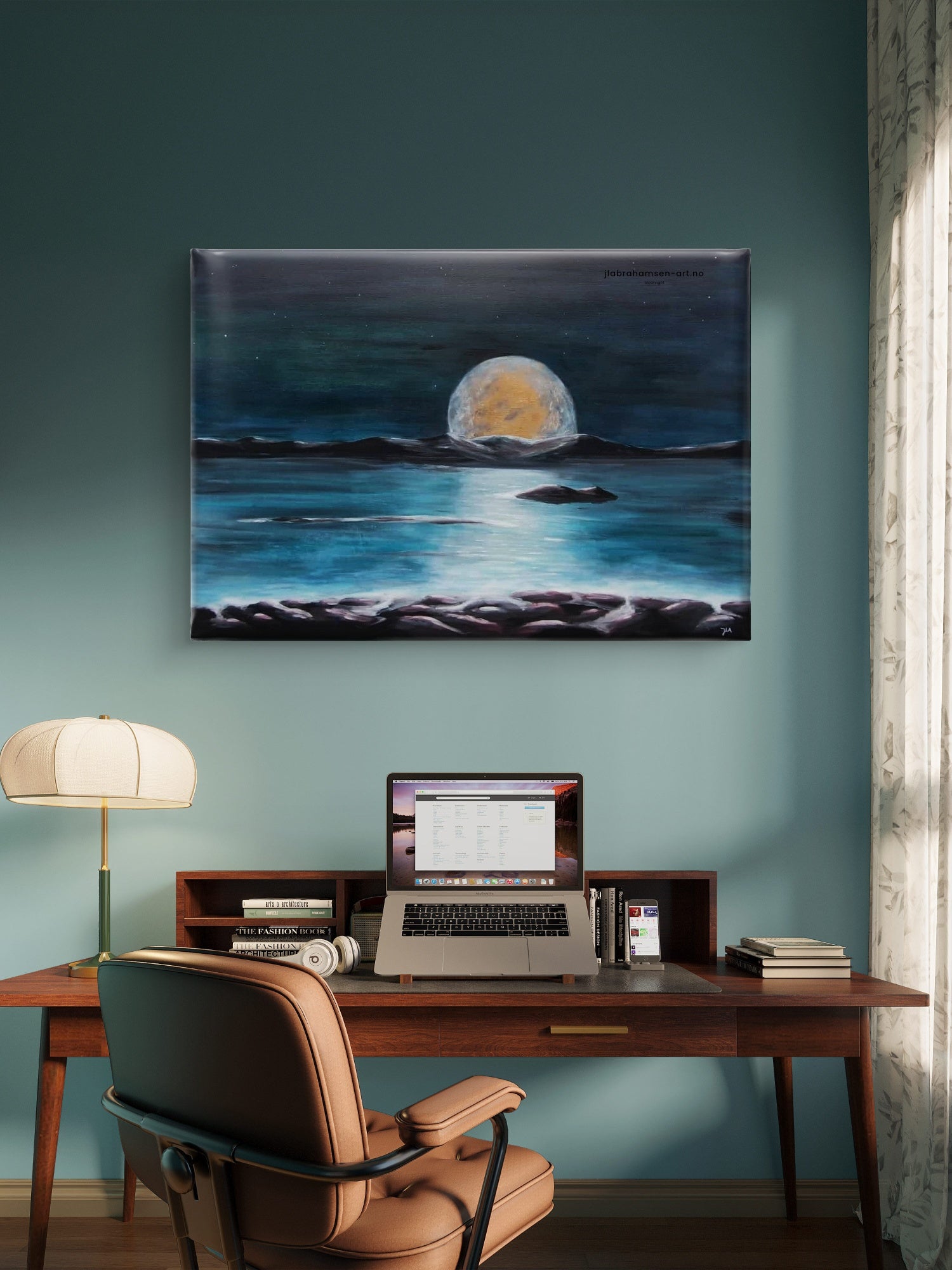 Original maleri "Moonlight" 70x100 cm  Abstrakt realistisk – månen står opp i horisonten over havet, nordisk maritim kunst av JL Abrahamsen til kontoret.