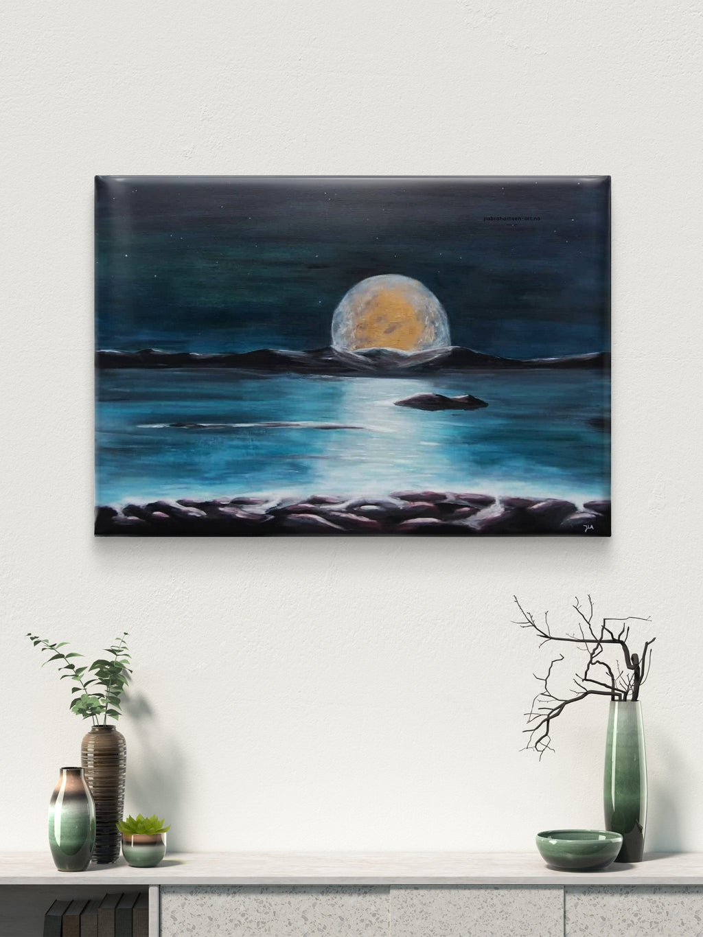 Original maleri "Moonlight" 70x100 cm – månen står opp i horisonten over havet, nordisk maritim kunst av JL Abrahamsen. Abstrakt realime