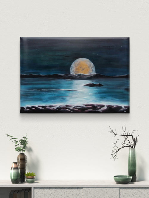 Original maleri "Moonlight" 70x100 cm – månen står opp i horisonten over havet, nordisk maritim kunst av JL Abrahamsen. Abstrakt realime