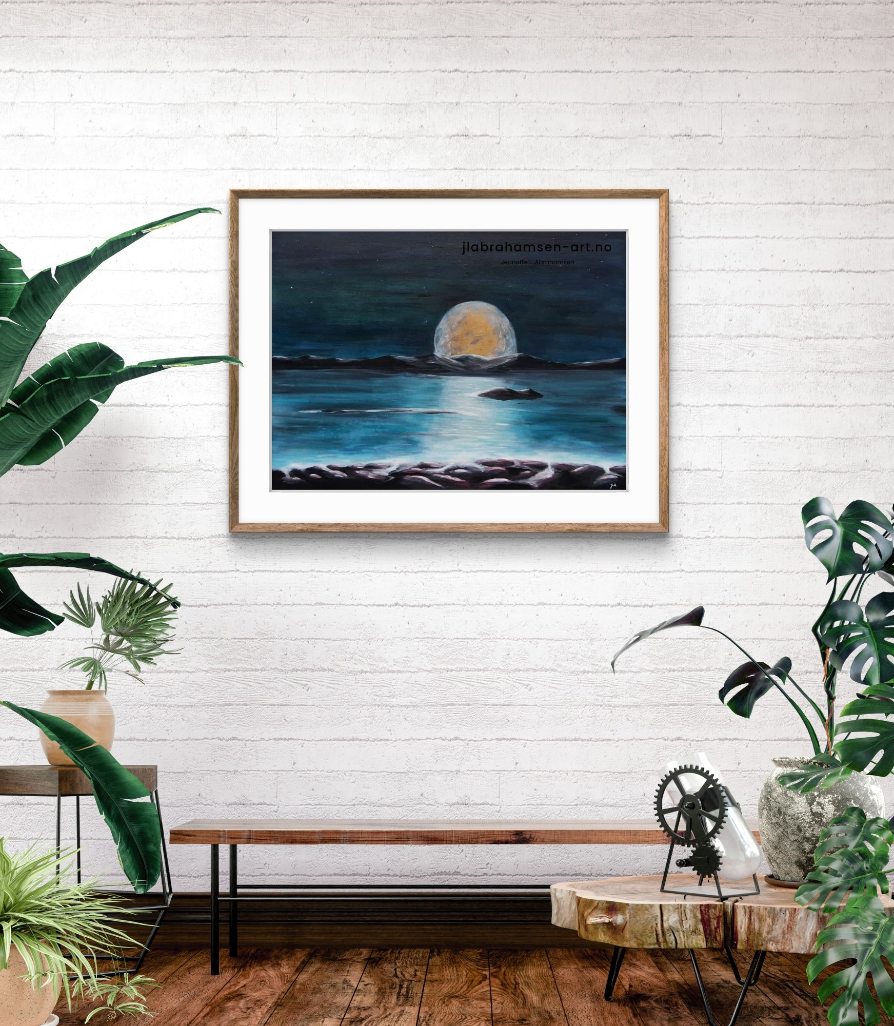 Signert kunstprint  "Moonlight" 70x100 cm – månen i horisonten over havet, nordisk maritim kunst av JL Abrahamsen. Abstrakt realisme i blåtoner.