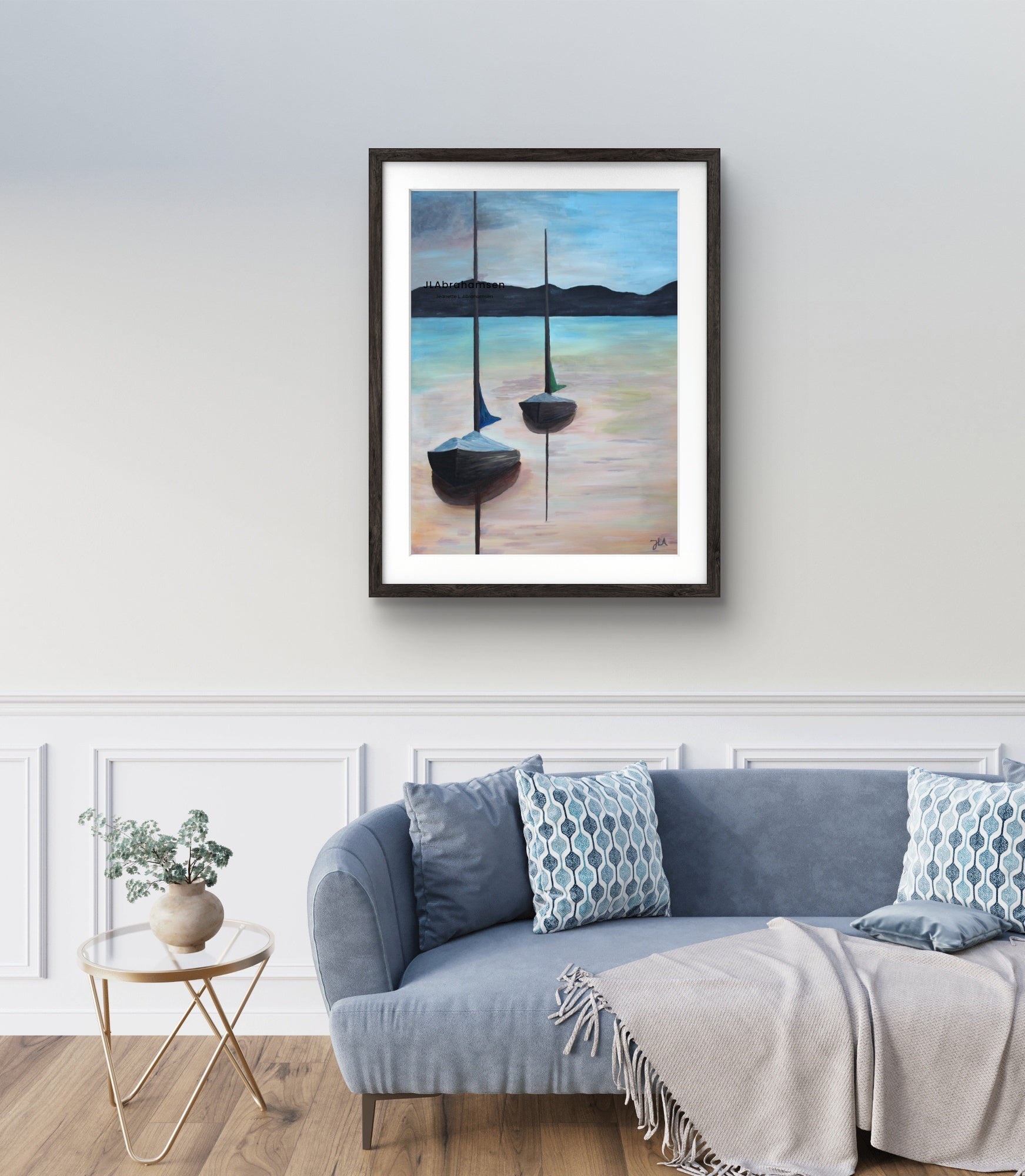 Signert kunstprint "Peaceful Days" 60x80 cm av JL Abrahamsen – to seilbåter en sommerdag, nordisk maritim kunst til stuen, calm art 