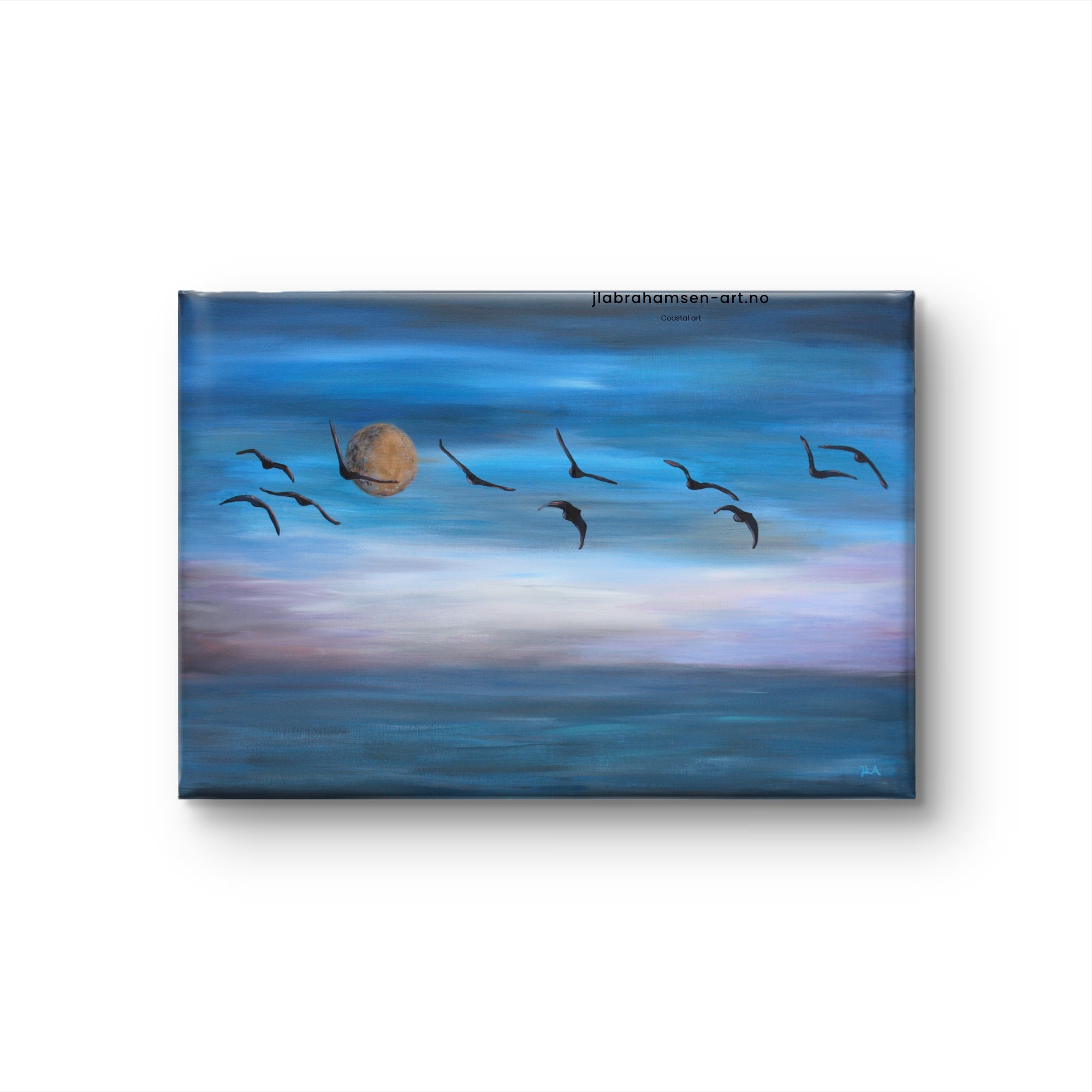 Original maleri "The Wings of Freedom" 70x100 cm av JL Abrahamsen – fugler i flokk over havet med måne, nordisk maritim kunst