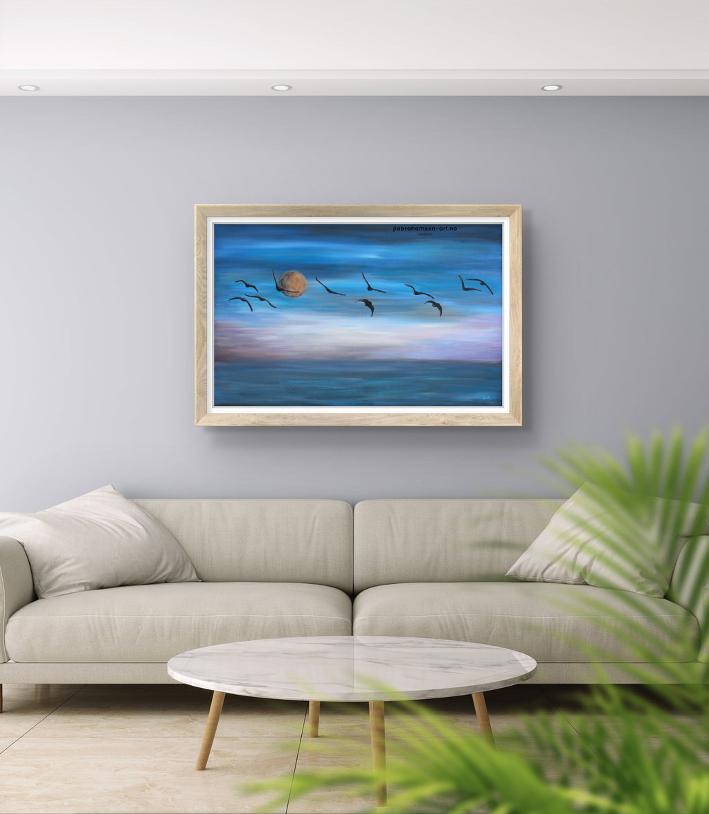 Kunst print av "The Wings of Freedom" 70x100 cm av JL Abrahamsen – fugleflokk over havet med måne, nordisk maritim kunst, coastal calm art from Norway