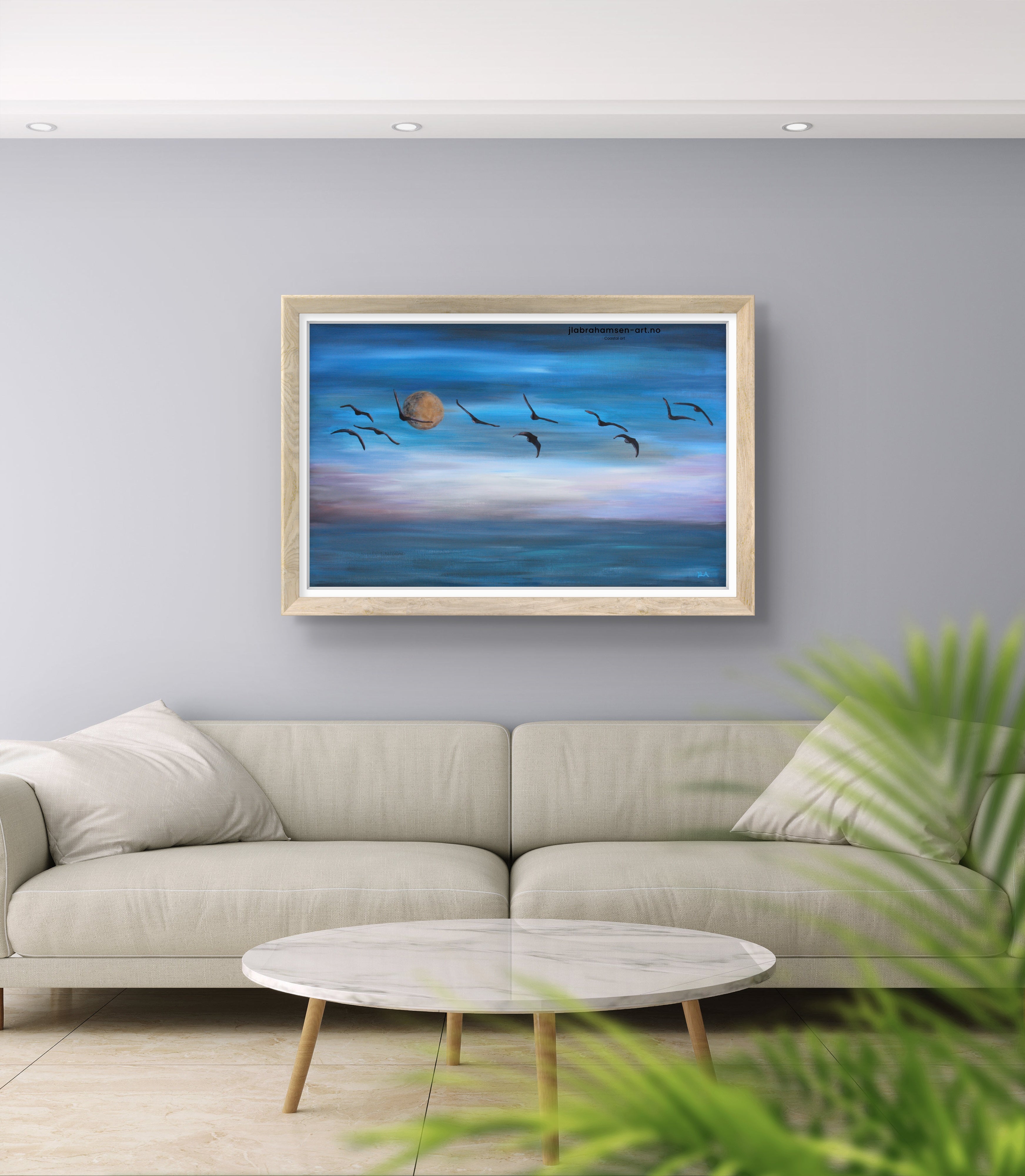 Kunst print av "The Wings of Freedom" 70x100 cm av JL Abrahamsen – fugleflokk over havet med måne, nordisk maritim kunst, coastal calm art from Norway