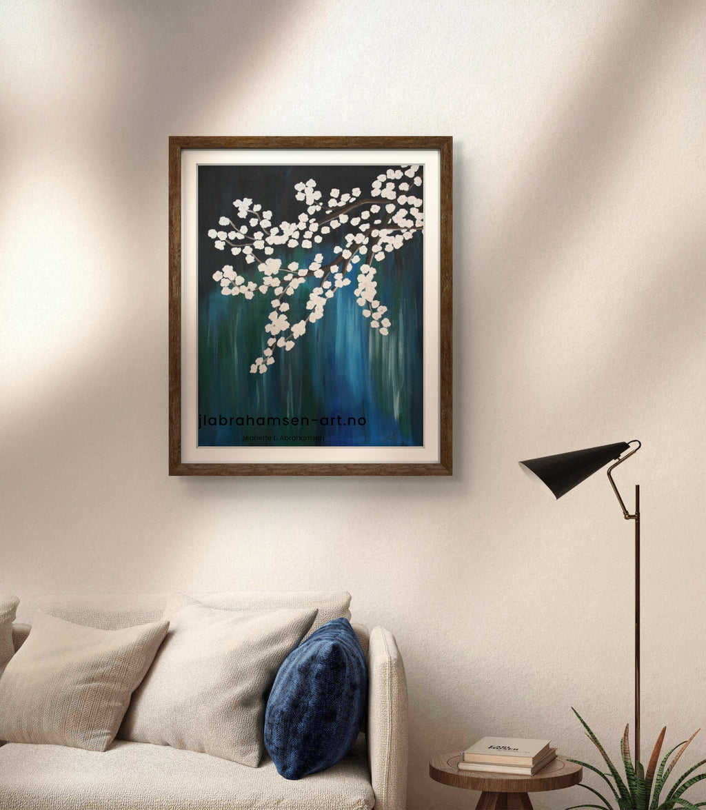 Signert kunstprint "Cherry Blossom" 50x70 cm av JL Abrahamsen – kirsebærblomster i blomstring, nordisk kunst  til stuen. Calm art and domestic rituals