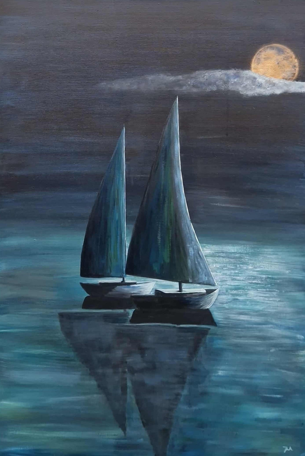 Fine Art print av Calm Night 70x100 cm – to seilbåter i måneskinn av norsk kunstner JL Abrahamsen. Mystisk, stemningsfullt og maritim kunst