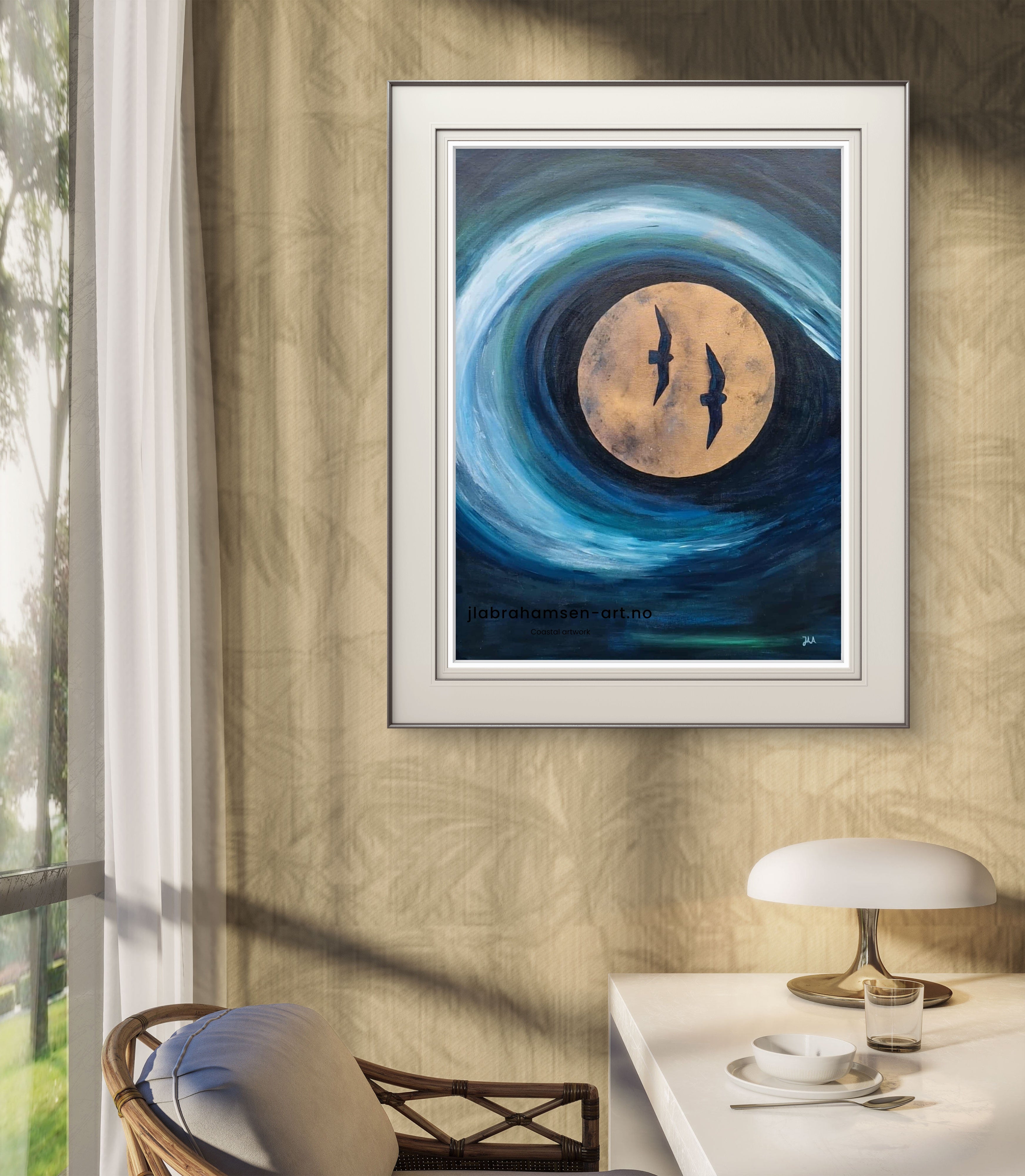 Kunst print 60 x 80 cm av JL Abrahamsen – abstrakt realisme som gir ro til hjemmet, nordisk blå kunst med gull