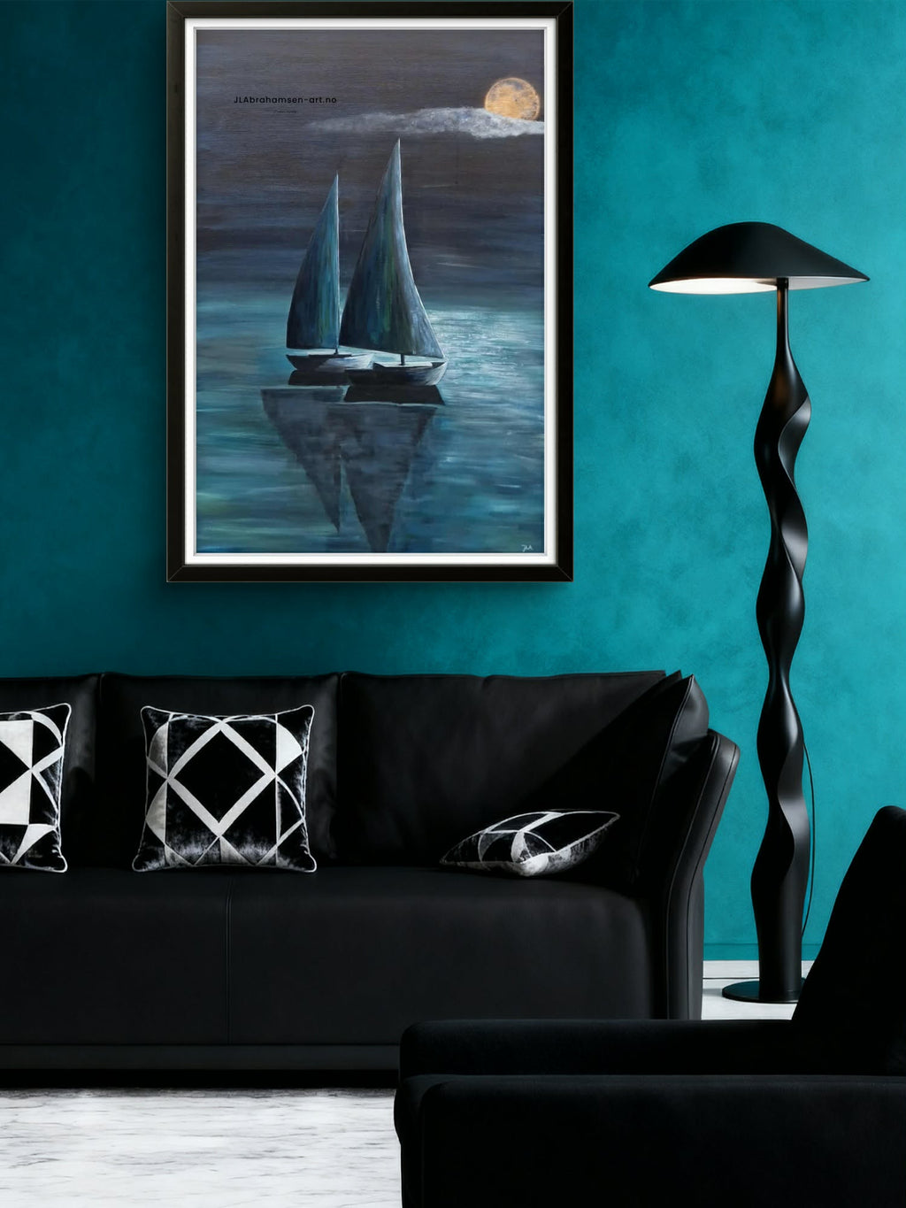 Calm Art print av Calm Night k0x100 cm – to seilbåter i måneskinn av bergensk  kunstner JL Abrahamsen. fredelig, stemningsfullt og maritim kunst til stuen