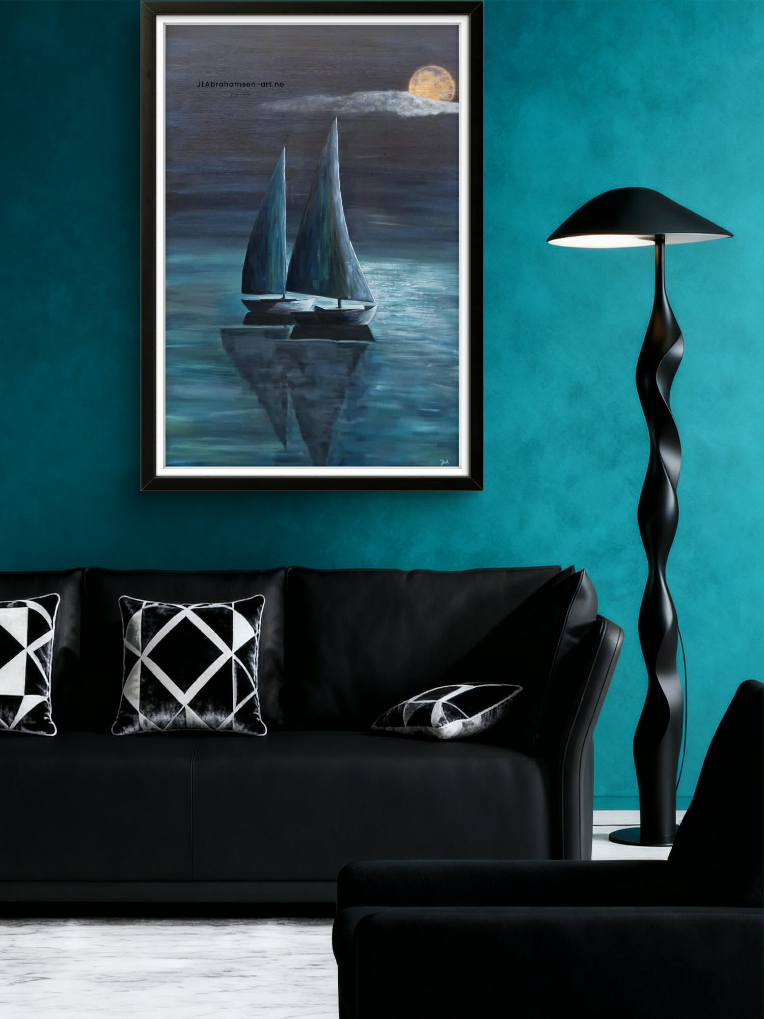 Calm Art print av Calm Night k0x100 cm – to seilbåter i måneskinn av bergensk  kunstner JL Abrahamsen. fredelig, stemningsfullt og maritim kunst til stuen