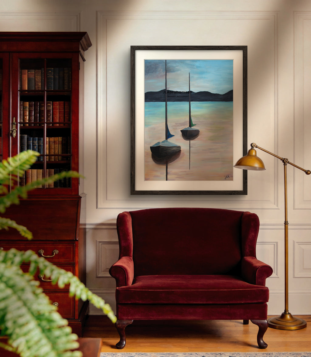Signert kunstprint "Peaceful Days" 60x80 cm av JL Abrahamsen – to seilbåter en sommerdag, vakker, nordisk og maritim kunst til stue, sommerhus, biblitoket, soverom og kjøkken