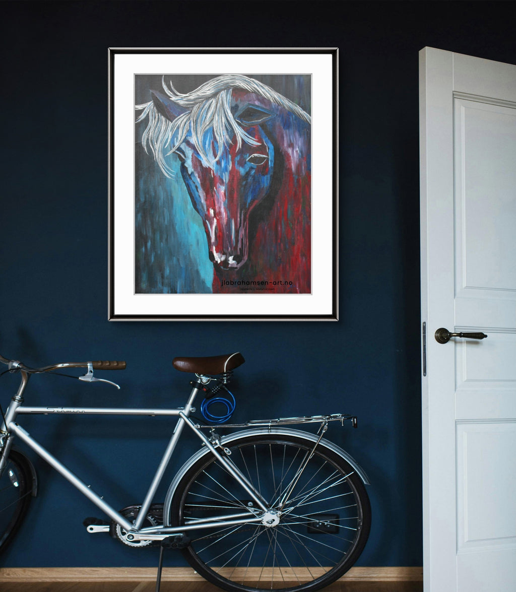 "I Am Listening" 50x70 cm signert kunstprint av norsk kunstner JL Abrahamsen, abstrakt hest i blå og sølvtoner