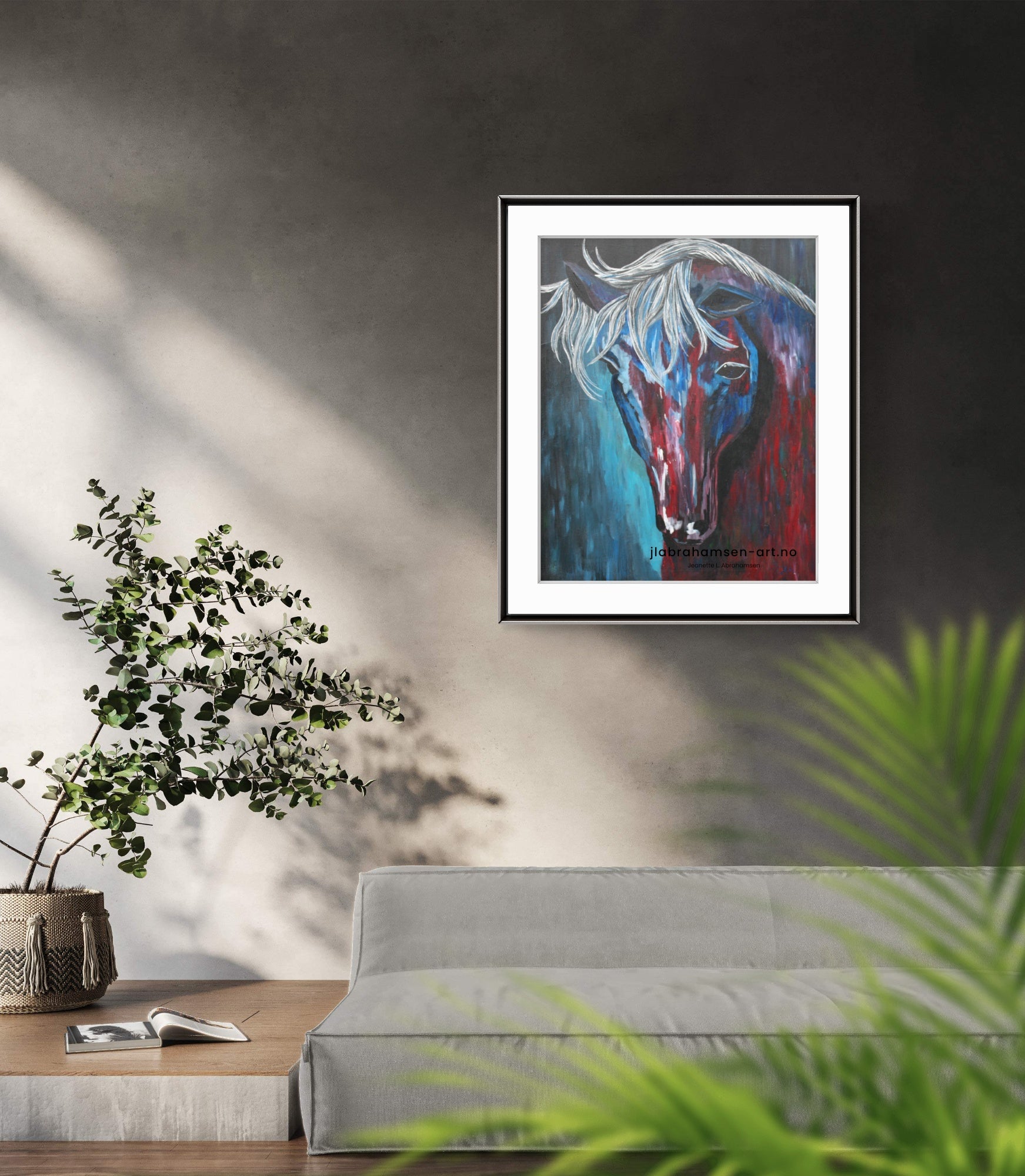 "I Am Listening" 50x70 cm signert kunstprint av norsk kunstner JL Abrahamsen, abstrakt hest i blå og sølvtoner